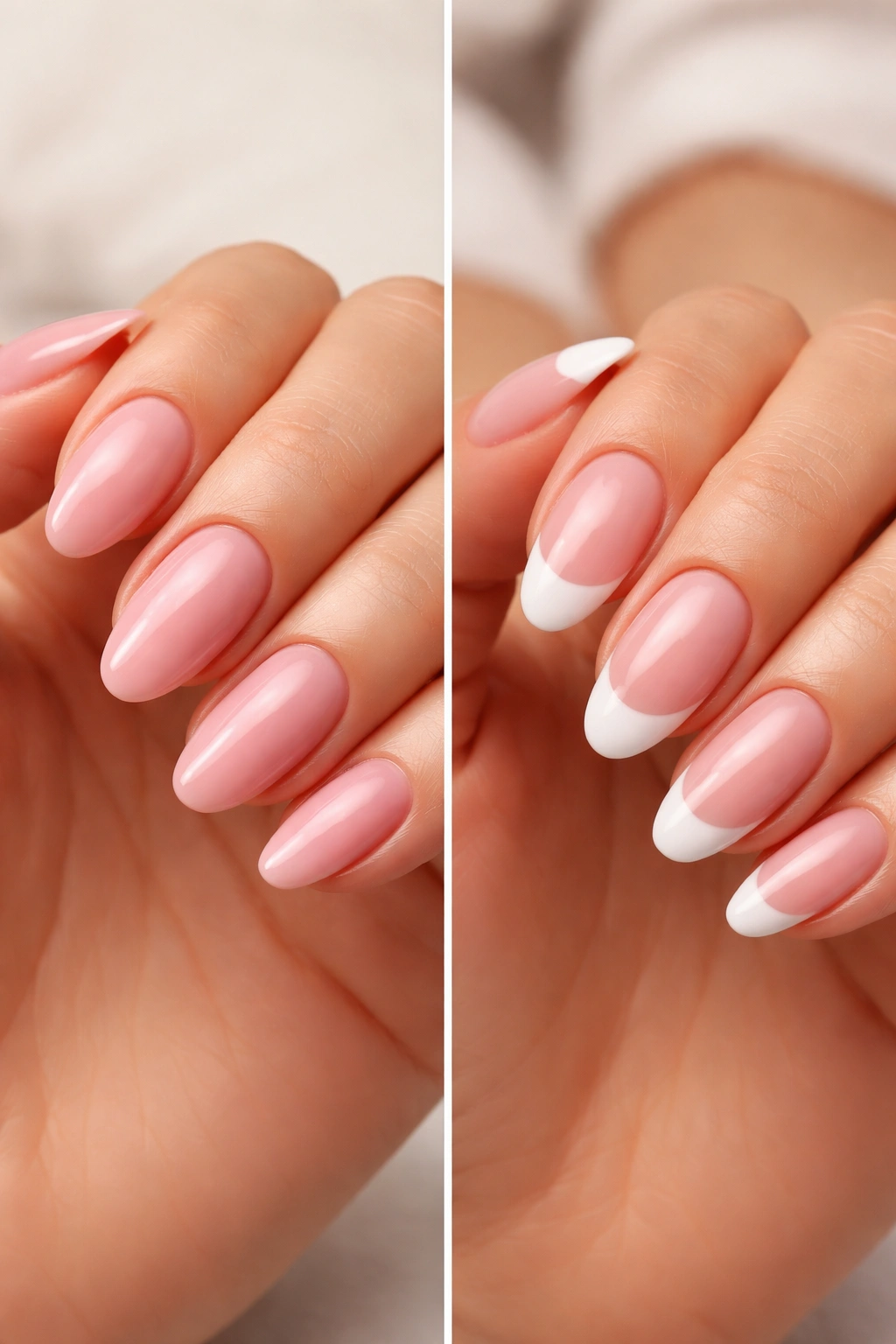 Two hands showing gel nails and acrylic nails with minor wear indicating maintenance differences