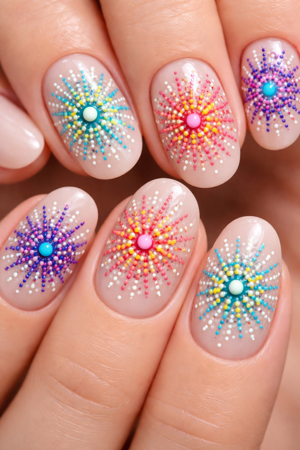 Close-up nails with radiating dot mandala nail art