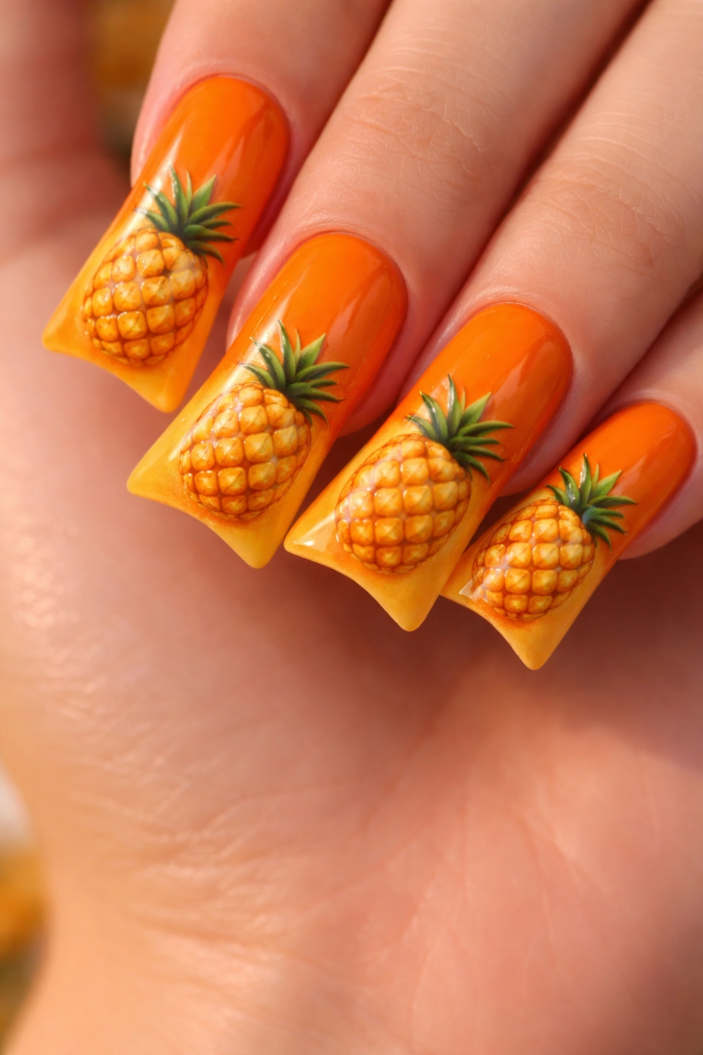 Mango orange duck nails with pineapple designs on wide tips