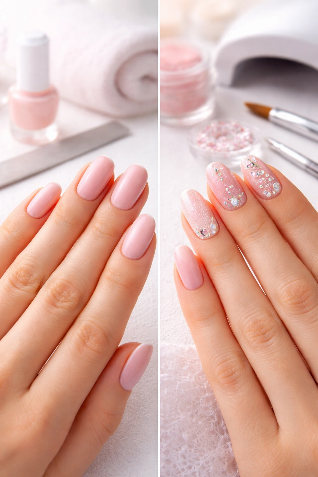 Hand with neatly painted nails in a polished look, clean studio setting