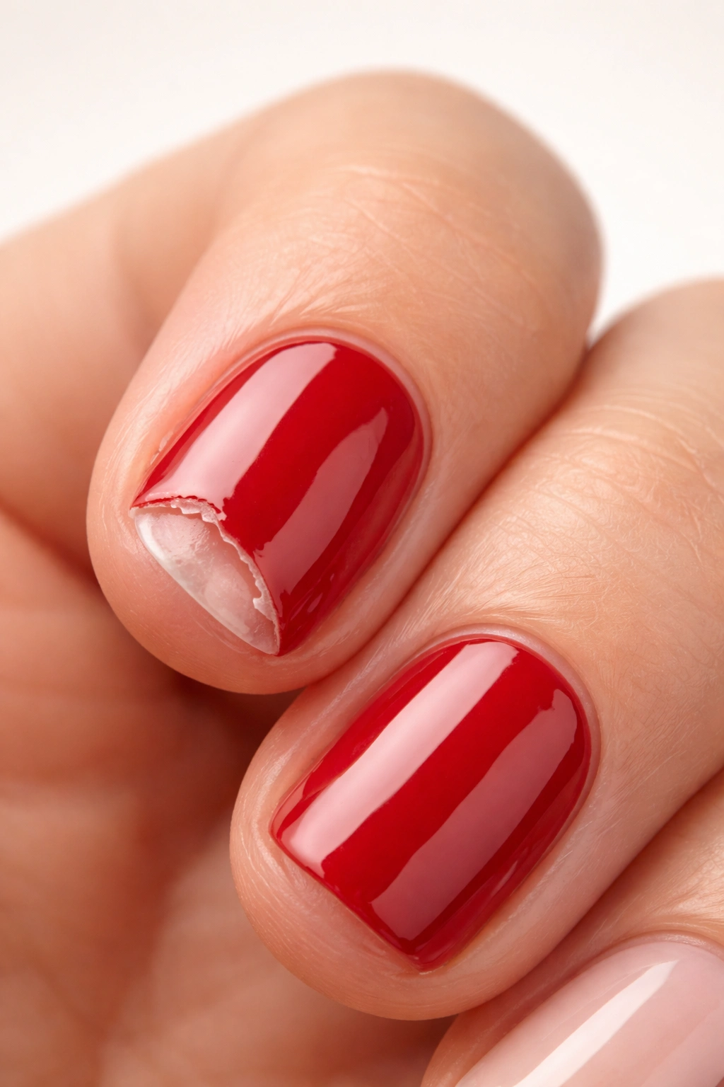 Close-up of a fingernail with chipped nail polish on a neutral background