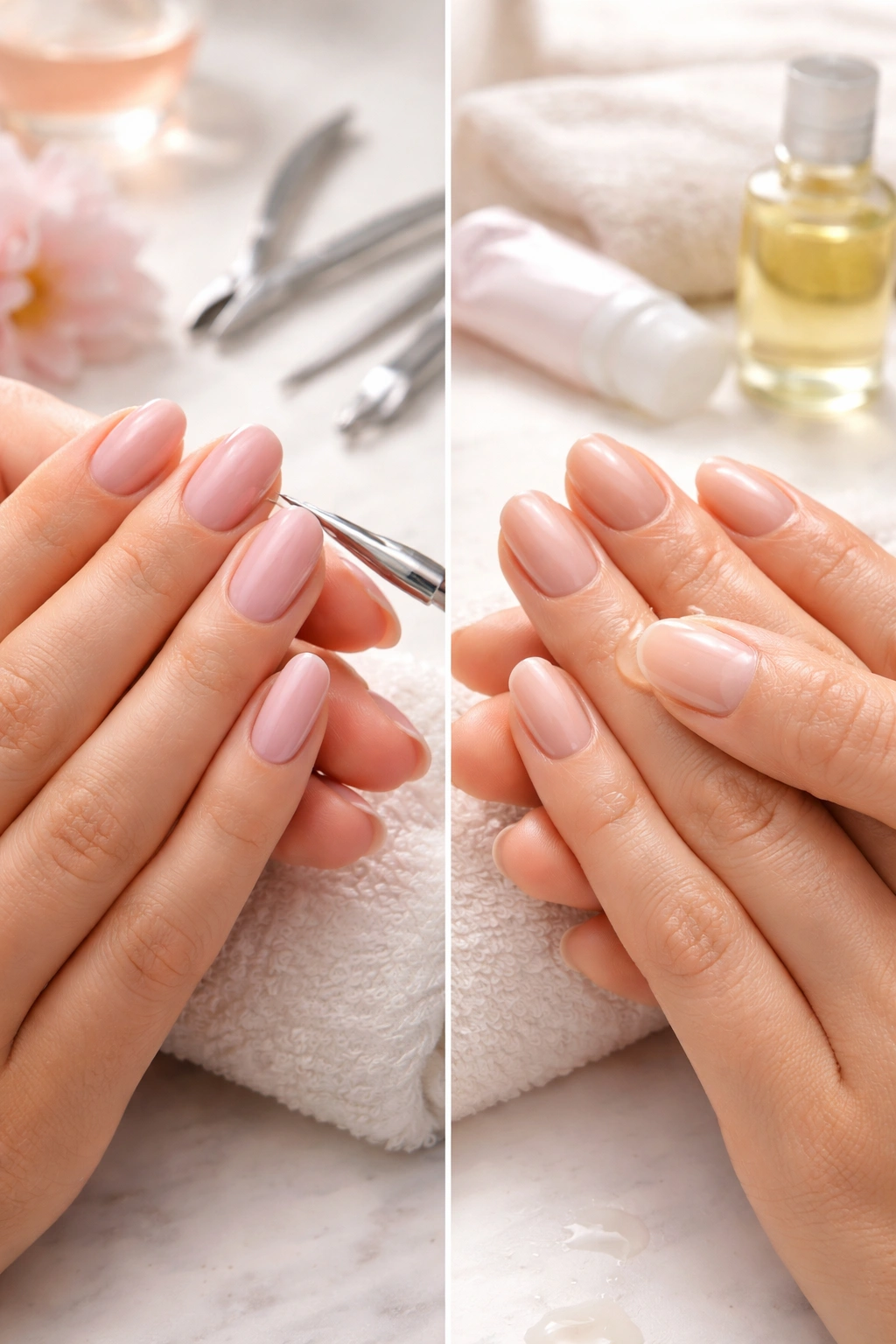Close-up of hands showing salon manicure and at-home cuticle care for comparison