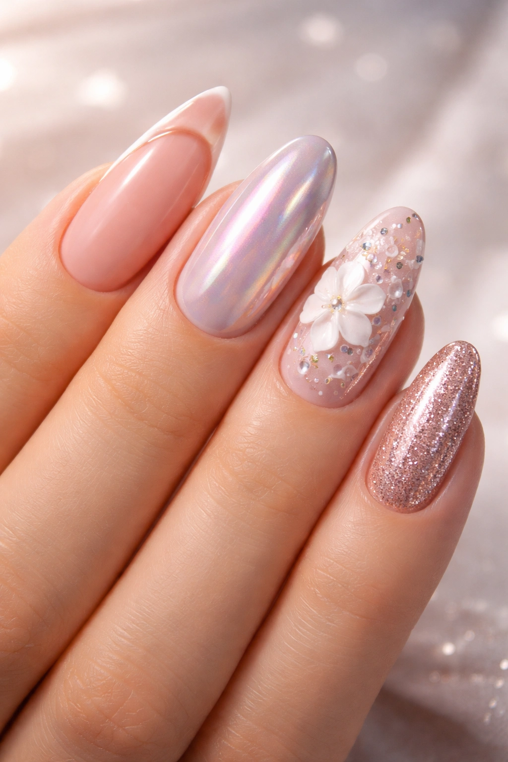Hand showing diverse manicure finishes representing prom nail takeaways.