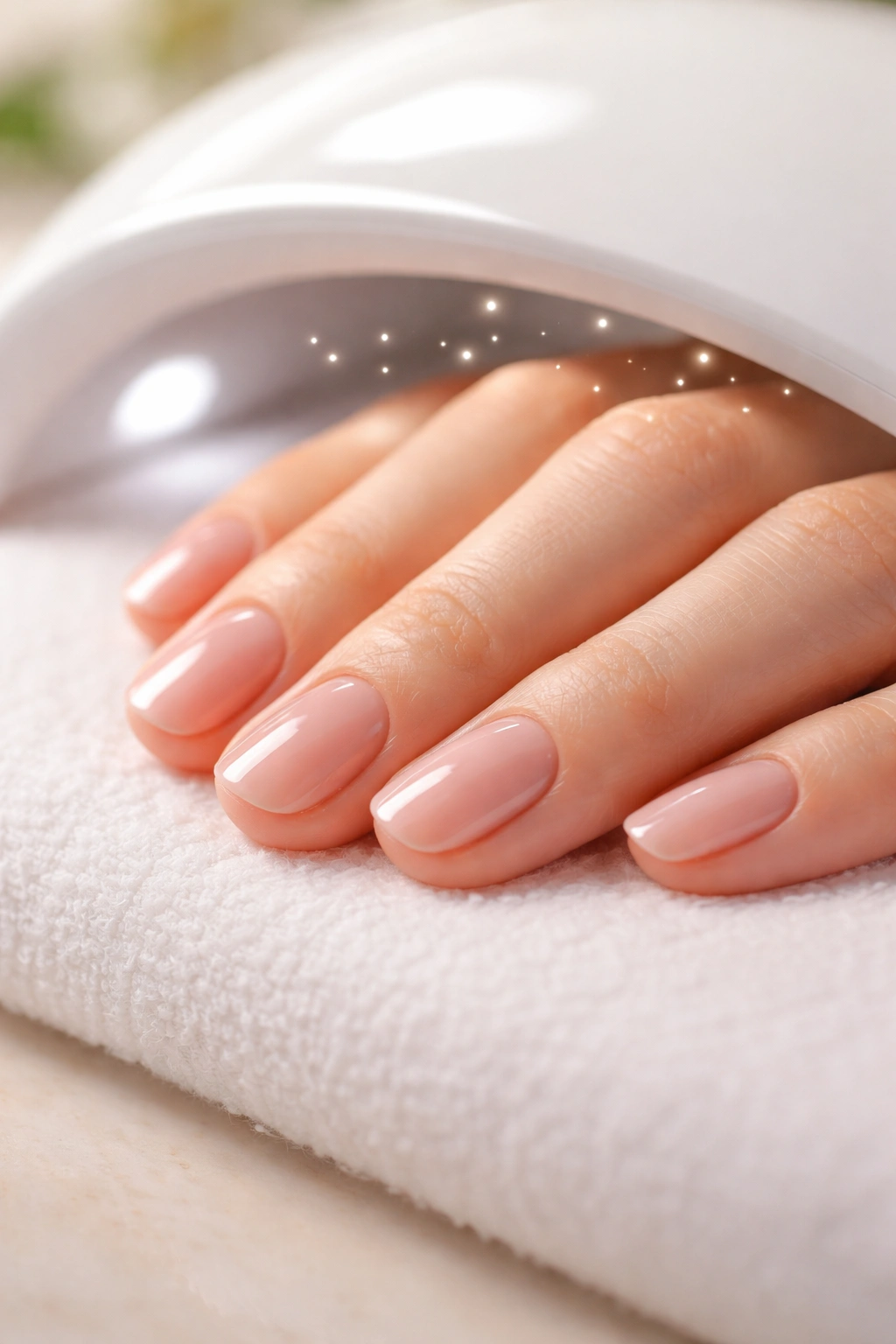 Close-up of hands with freshly polished nails drying to cure