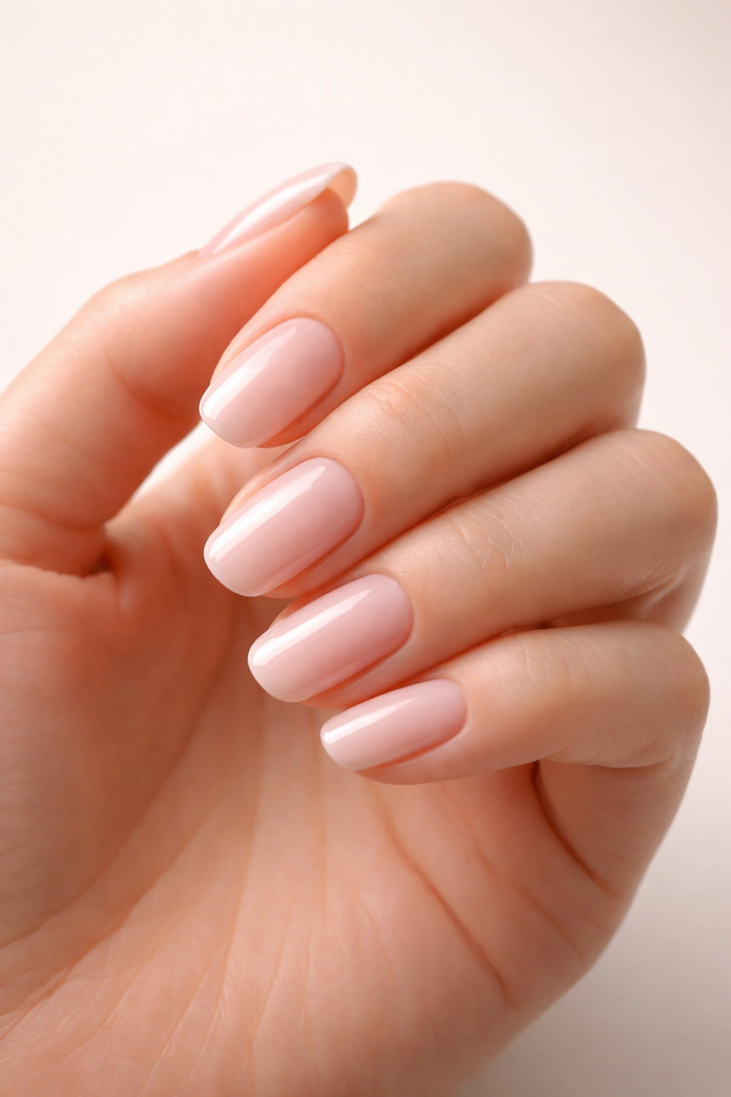 Close-up of a well-manicured hand with a long-lasting nail finish on a soft studio backdrop