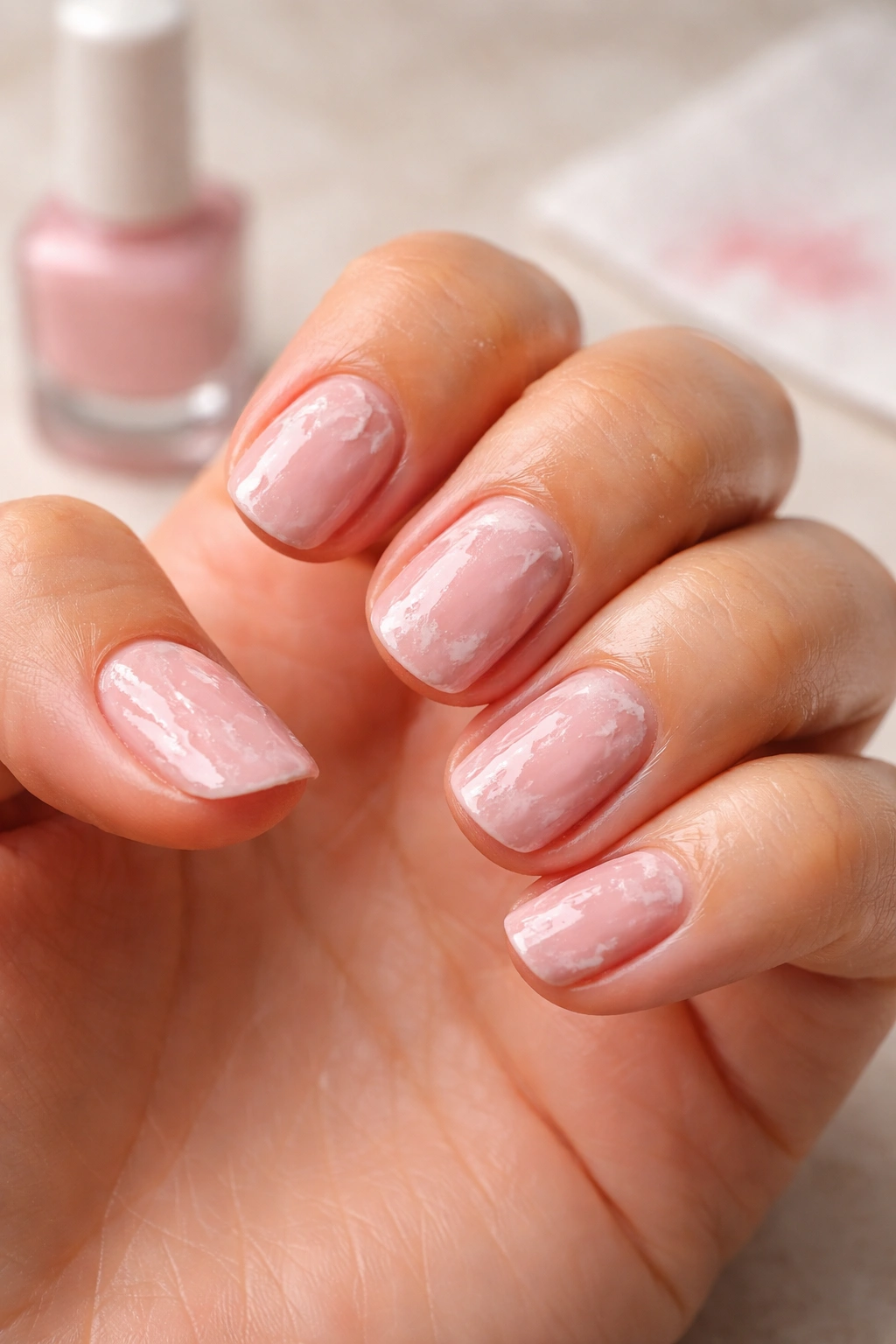 Close-up of a hand with smudged at-home manicure highlighting common mistakes