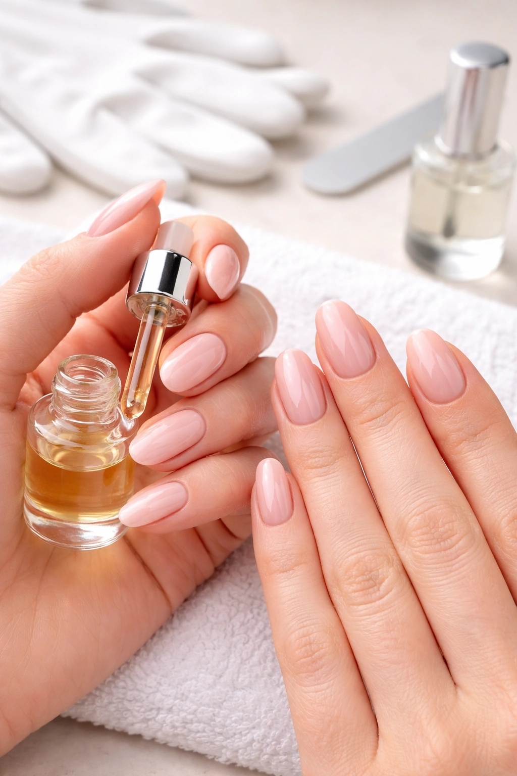 Nails with healthy cuticles and glossy finish, cuticle oil nearby