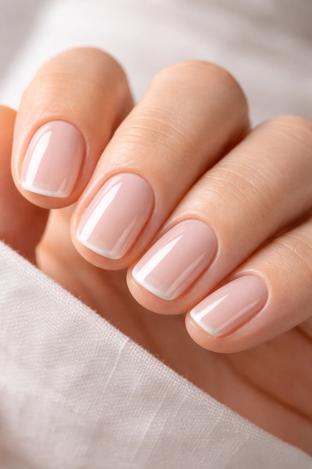 Close-up of a hand with glossy nails and topcoat shine, emphasizing longevity