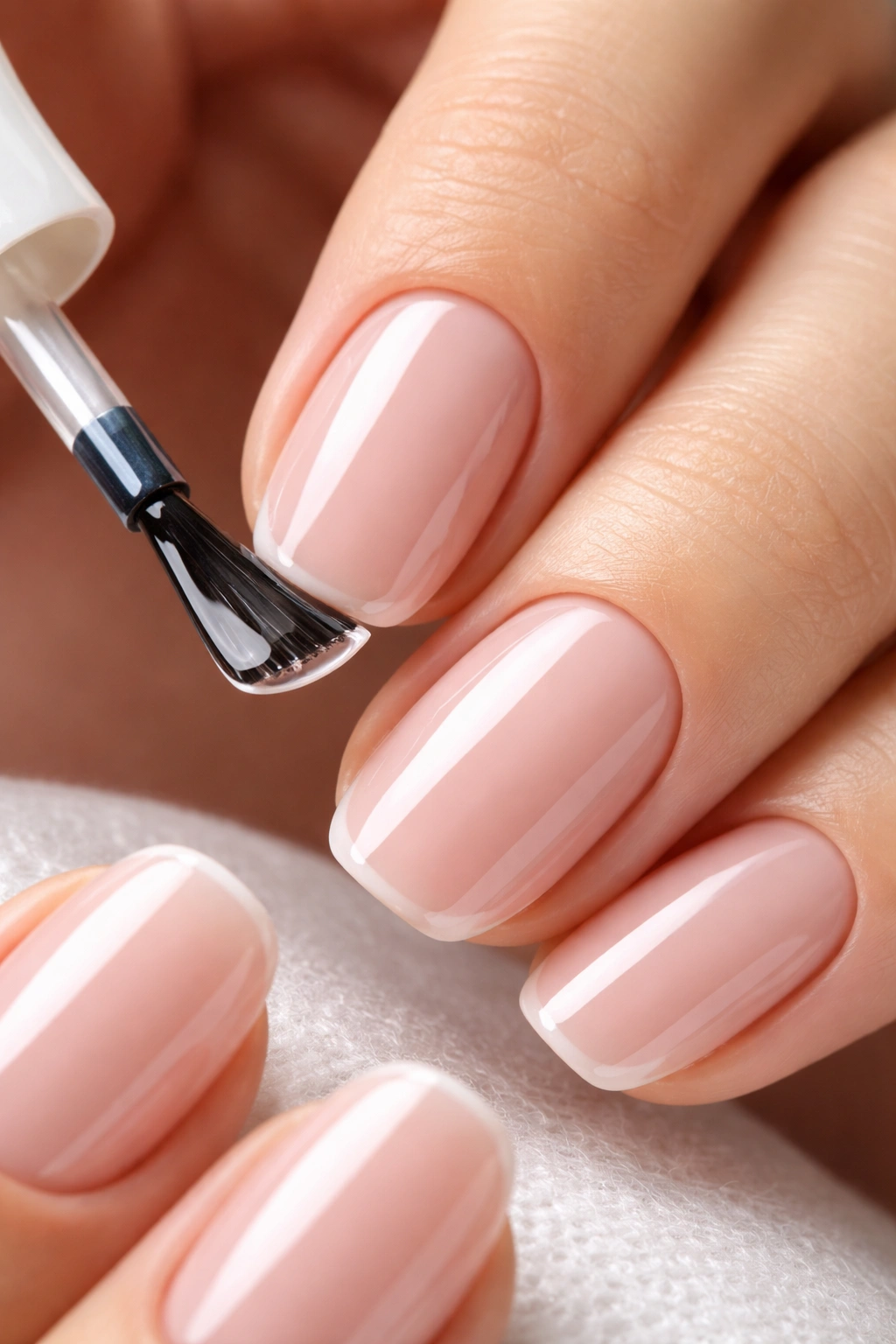 Hand applying topcoat to nude nails for durability