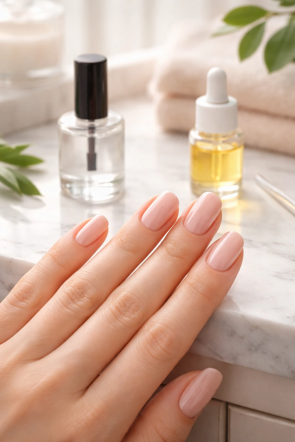Hand with glossy nails and top-coat oil in a calm vanity setting