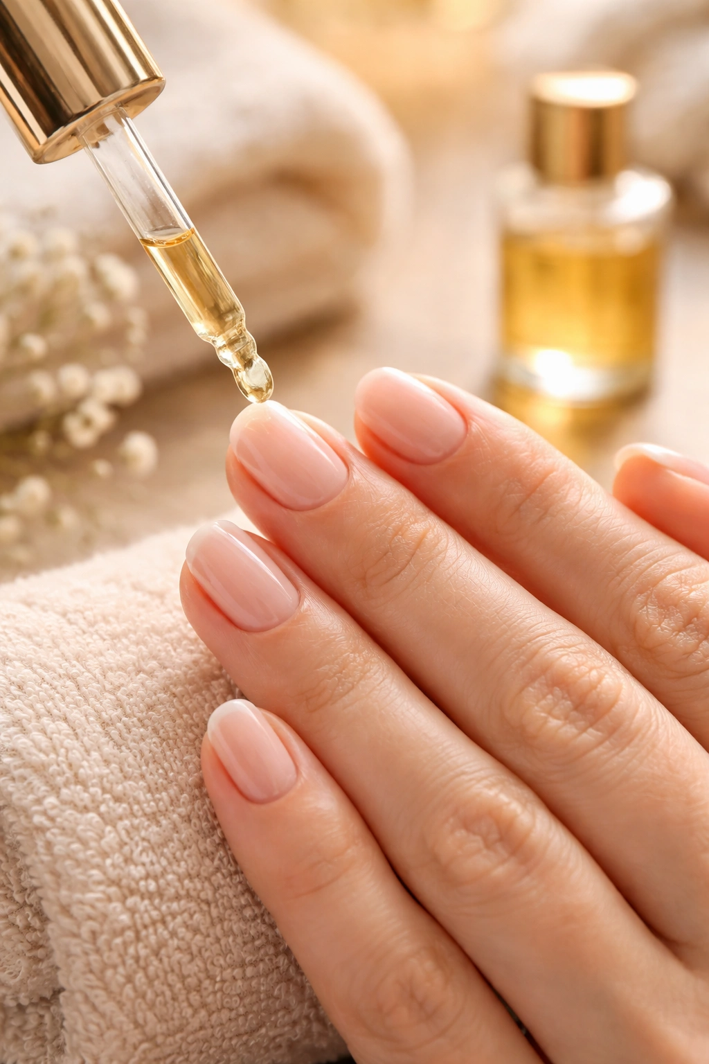 Close-up of hand applying cuticle oil to nails