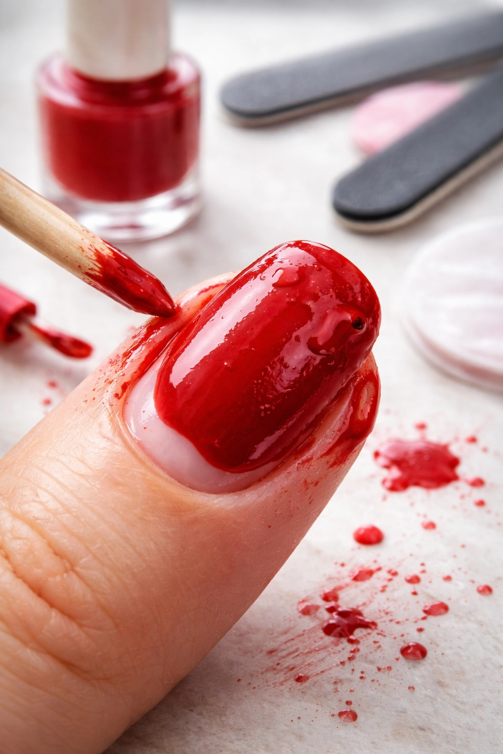 Nail with thick, uneven polish illustrating common DIY mistakes