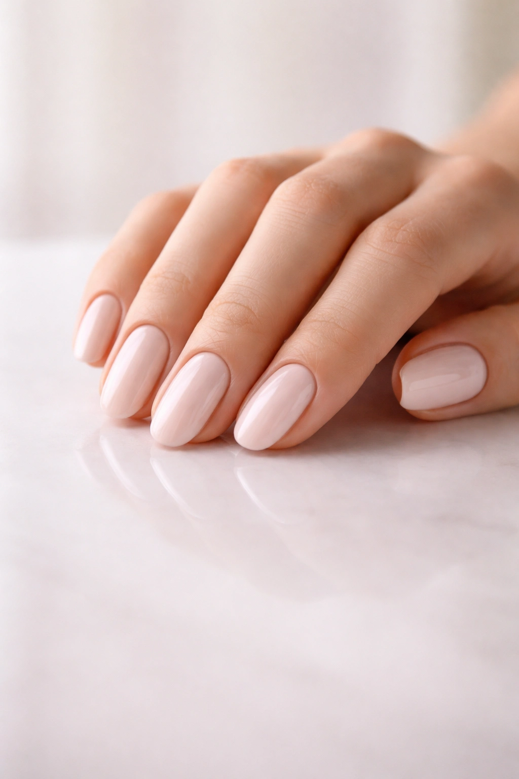 Close-up of a hand with a glossy manicure on a clean surface