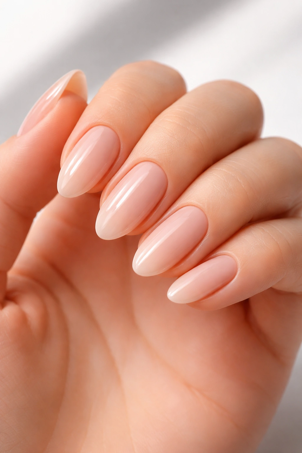Close-up of a hand with a flawless neutral-toned manicure and glossy nails