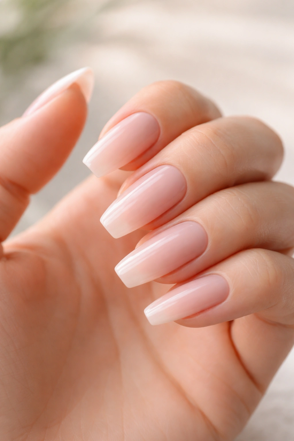 Close-up of clean, dry nails with crisp ballerina shape on neutral background
