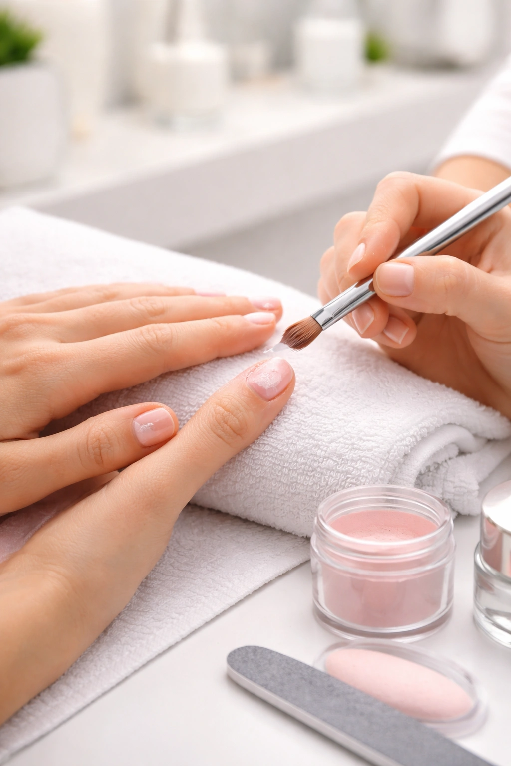 Hand undergoing quick manicure on short nails in a bright salon