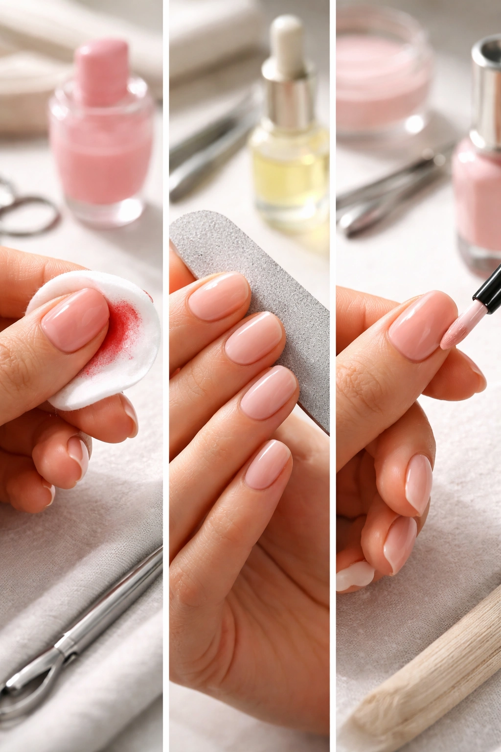 Close-up of a hand showing three manicure steps: removal, filing, and painting
