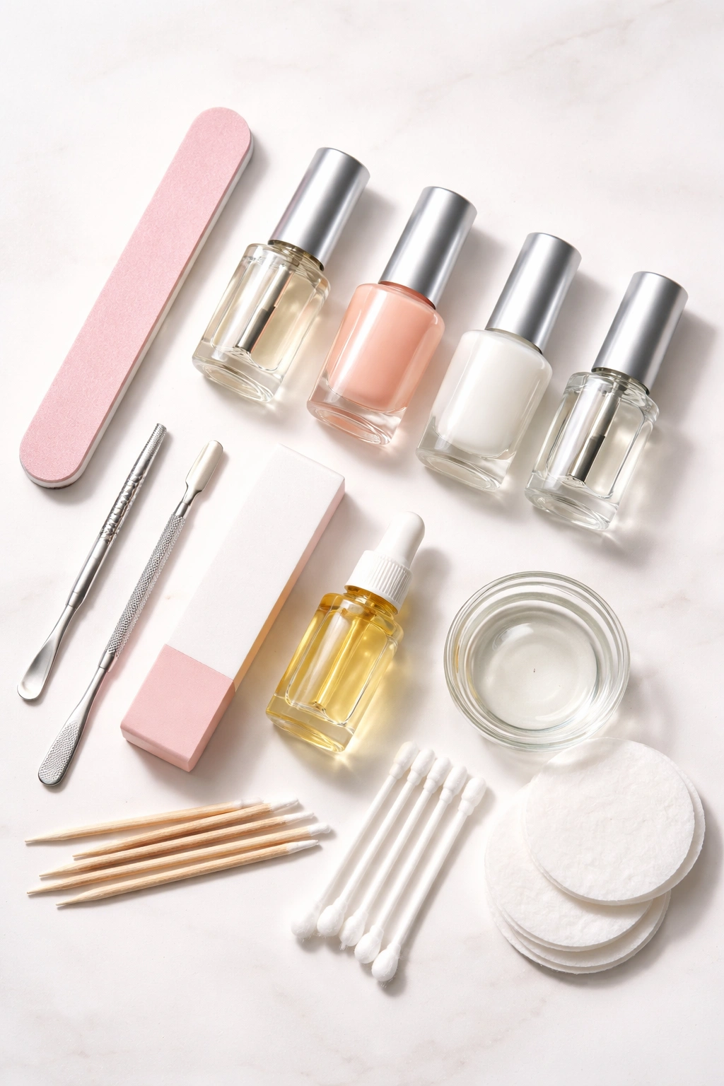 Flat lay of basic French manicure tools and polishes