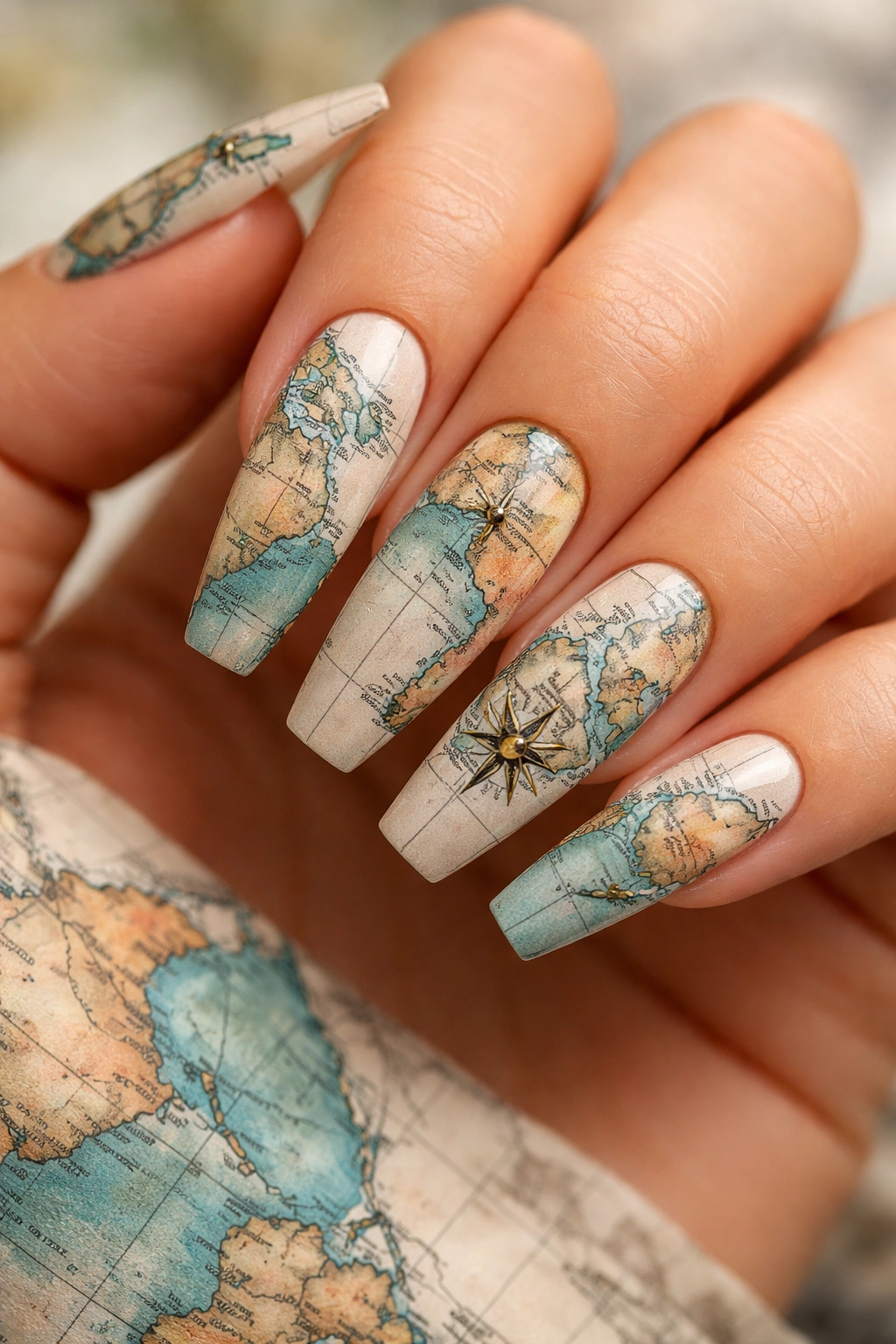 Close-up of coffin nails featuring detailed map lines and coastlines
