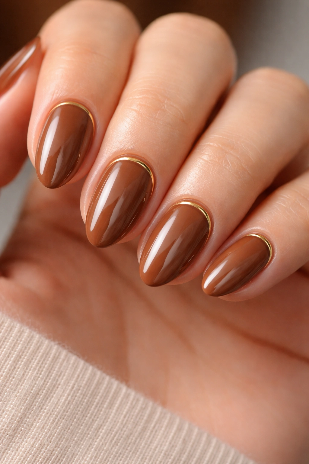 Close-up of maple brown nails with a thin gold line on short almond nails