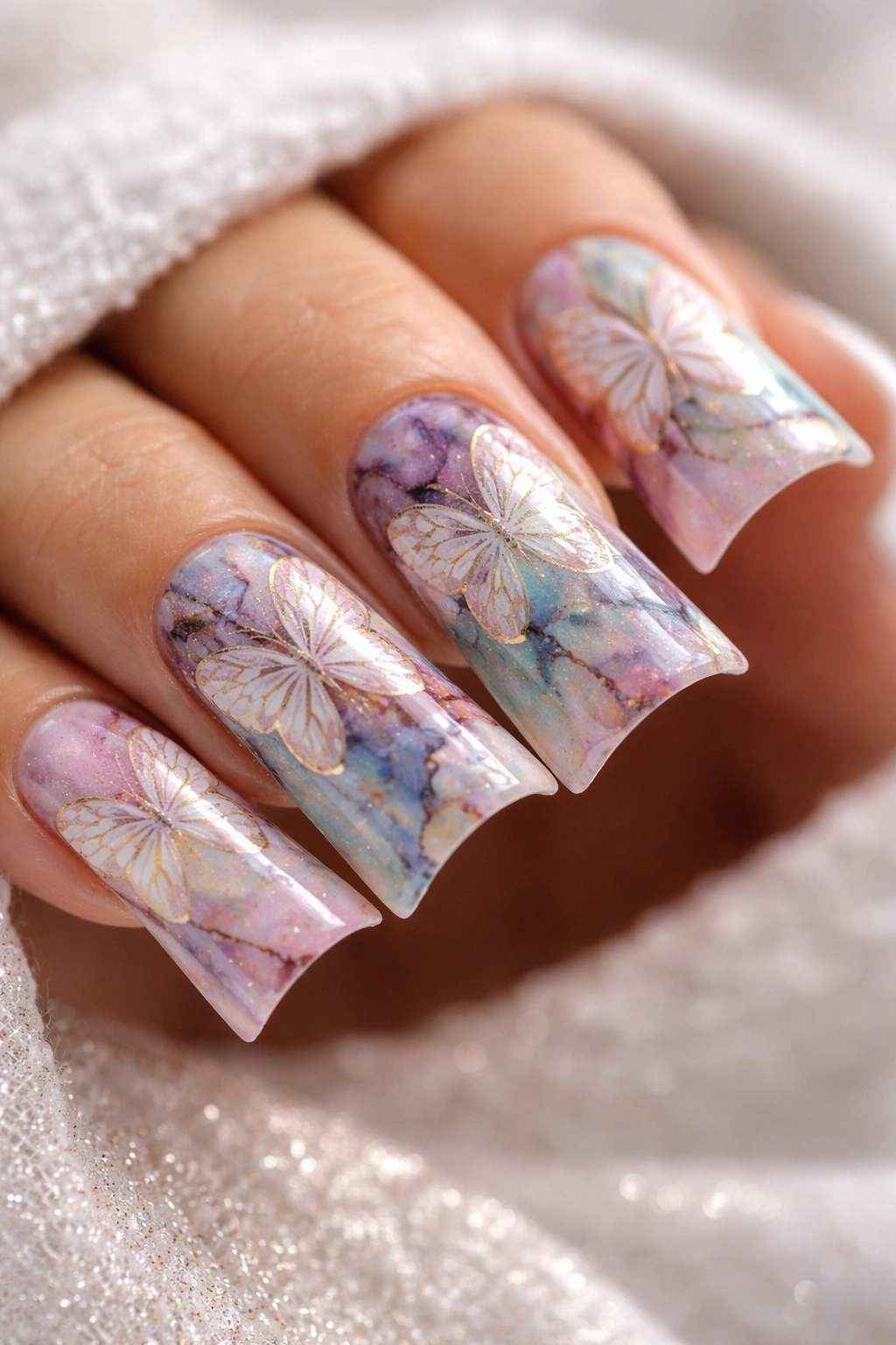 Duck nails with marble base and butterfly outlines