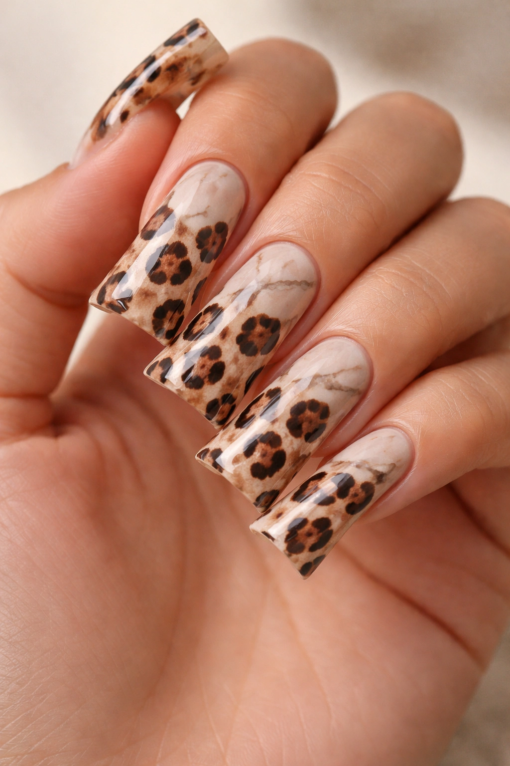 Duck nails with marble base and cheetah print overlay