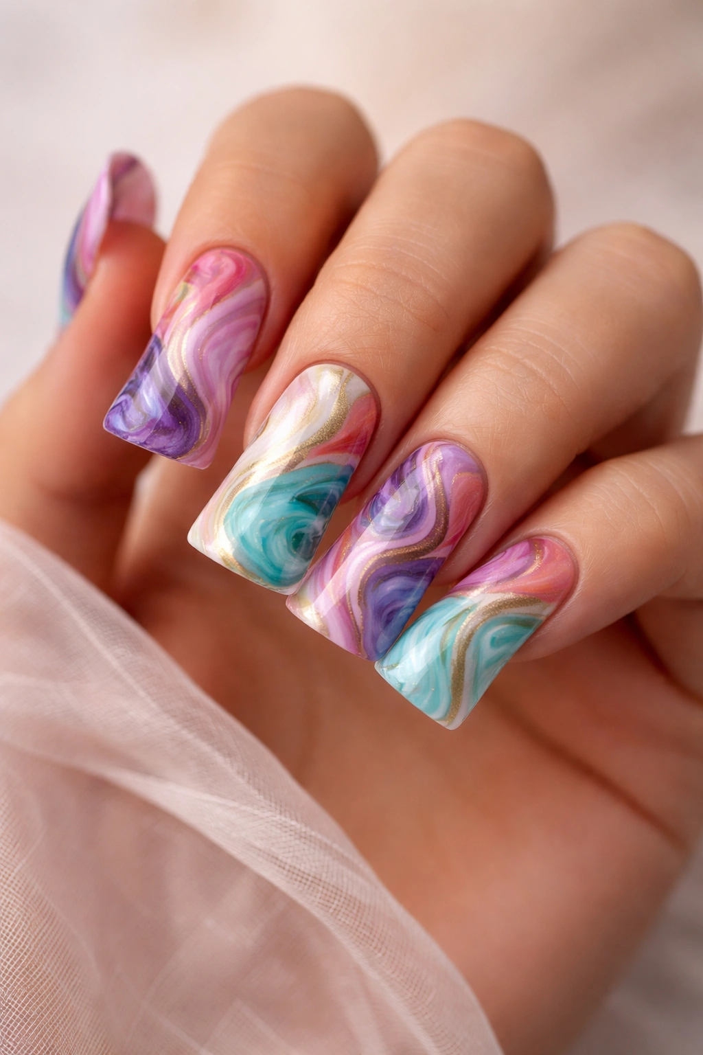 Marble duck nails with swirl patterns on gel extensions
