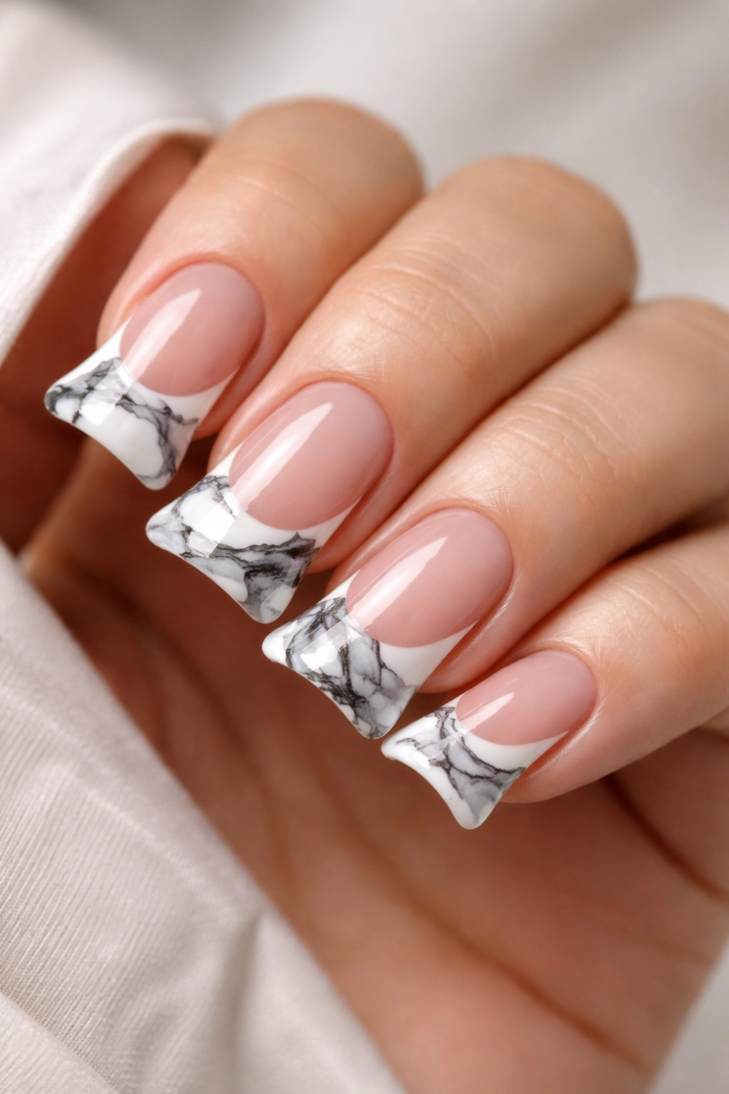 Close-up of short nails with marble duck-tip design on nude base