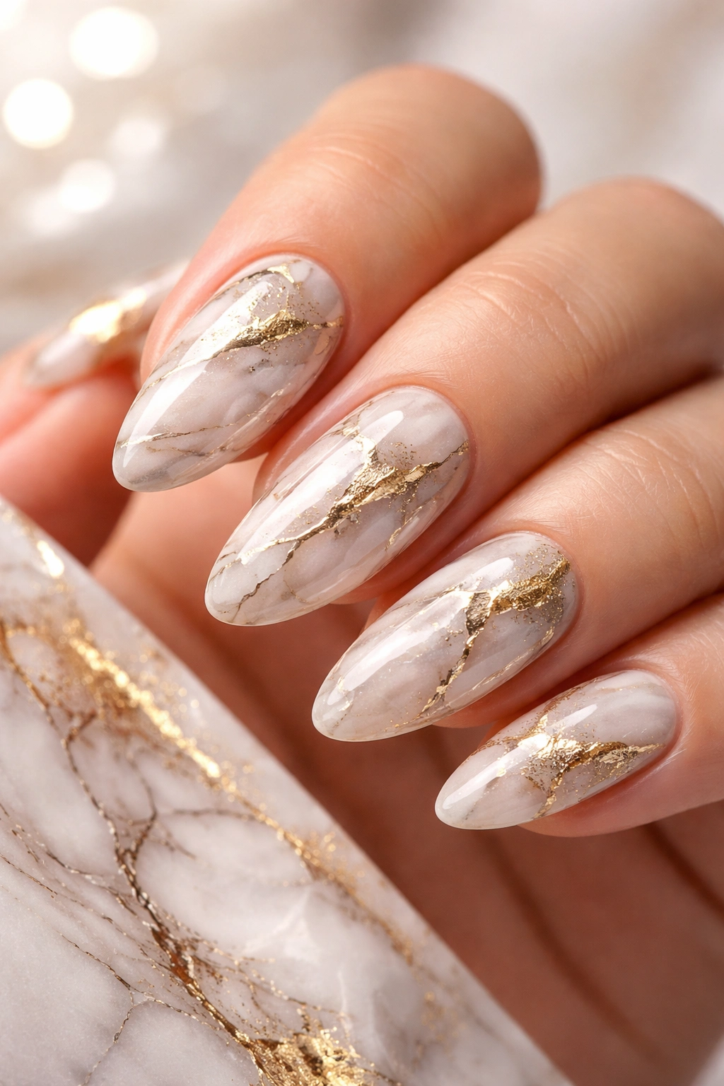 Close-up marble nails with white veining and foil accents