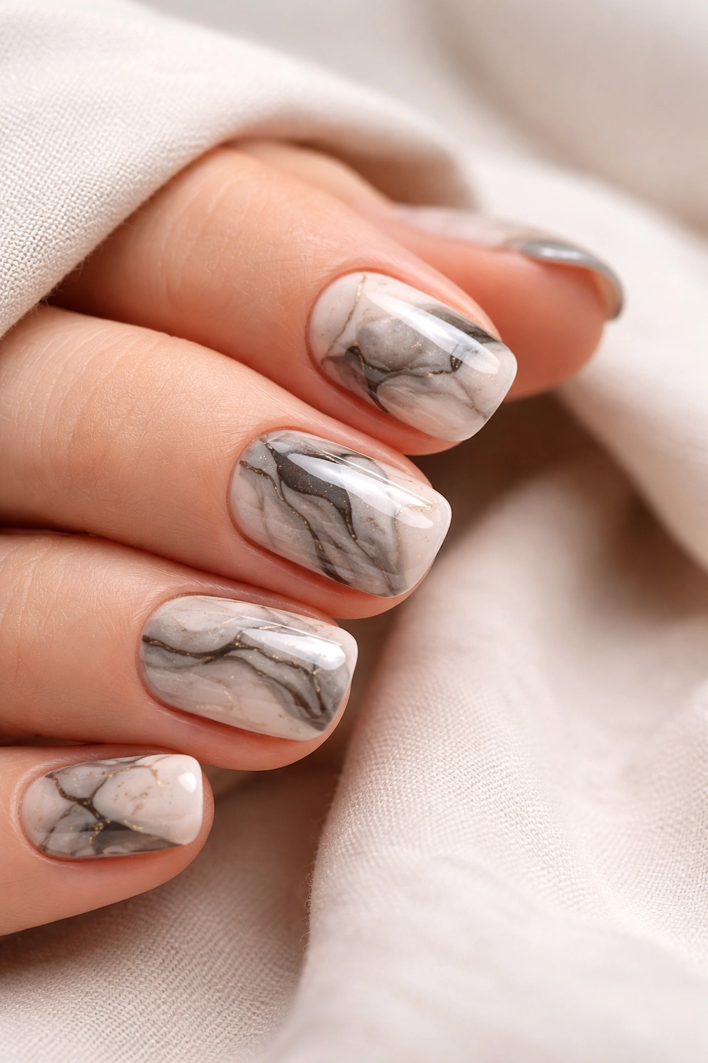 Close-up of short squoval nails with marble gel design in black white gray taupe.