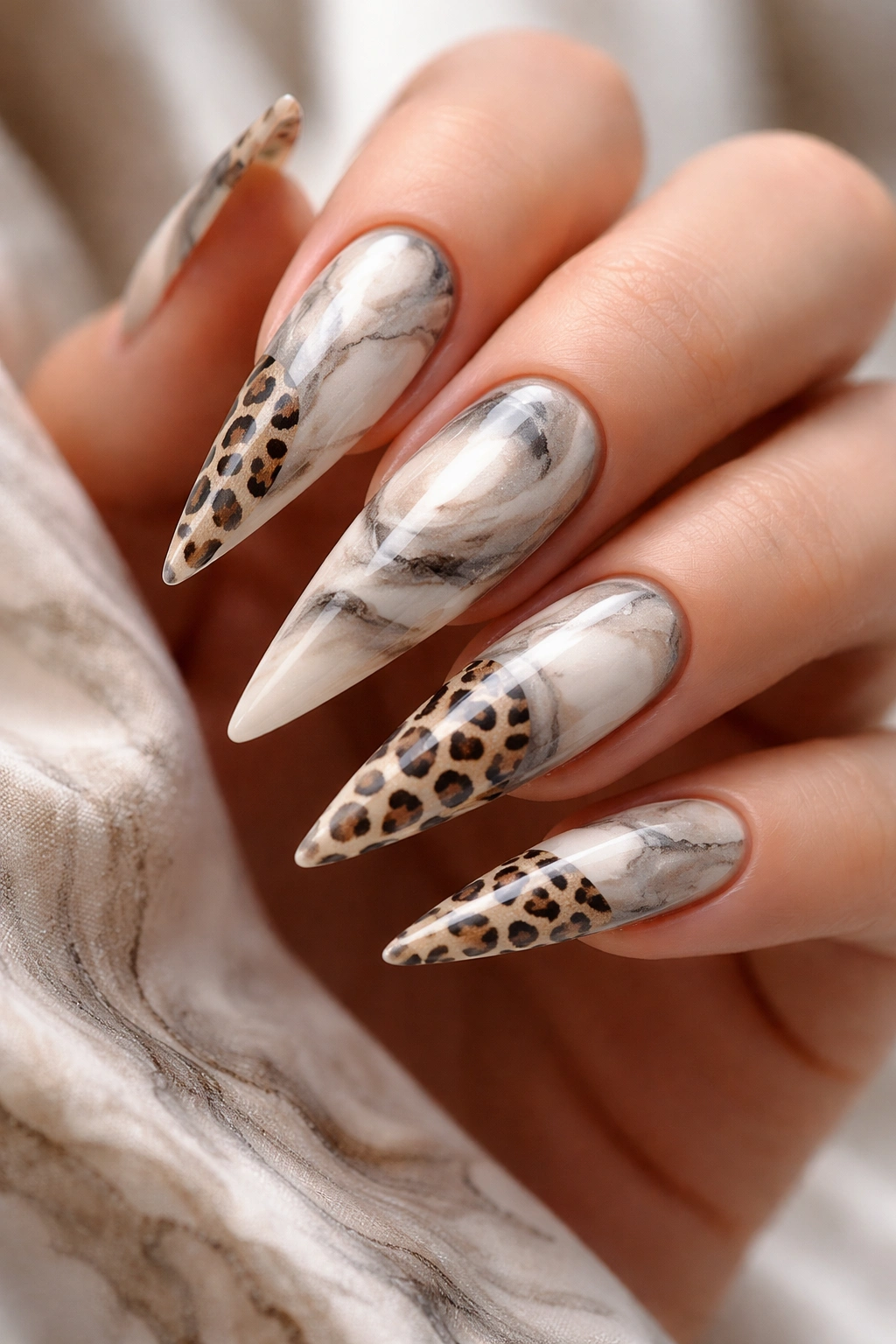 Marble and leopard fusion on stiletto nails with flowing swirls and spots