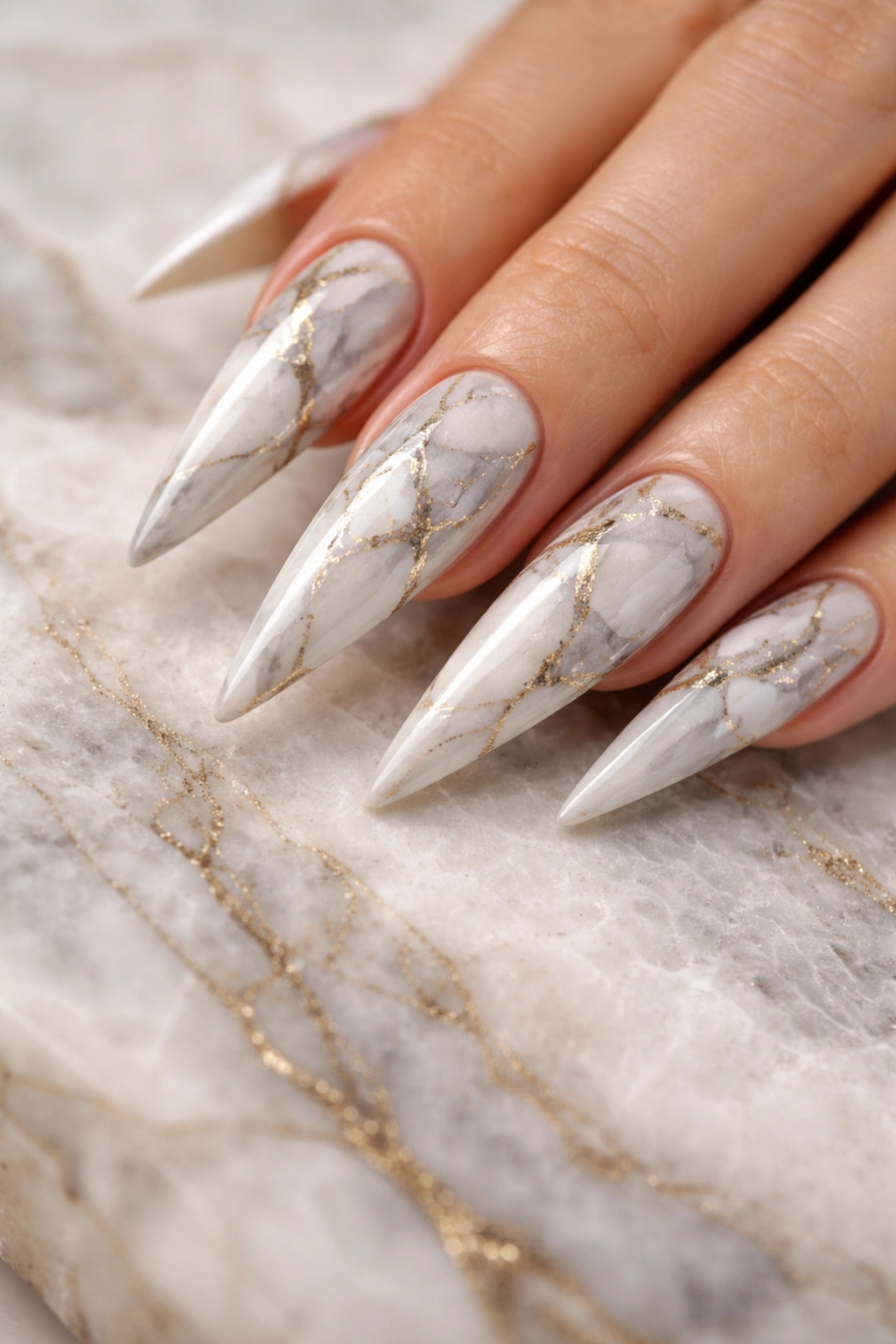 Close-up of marble effect stilettos nails with veining and gold accents