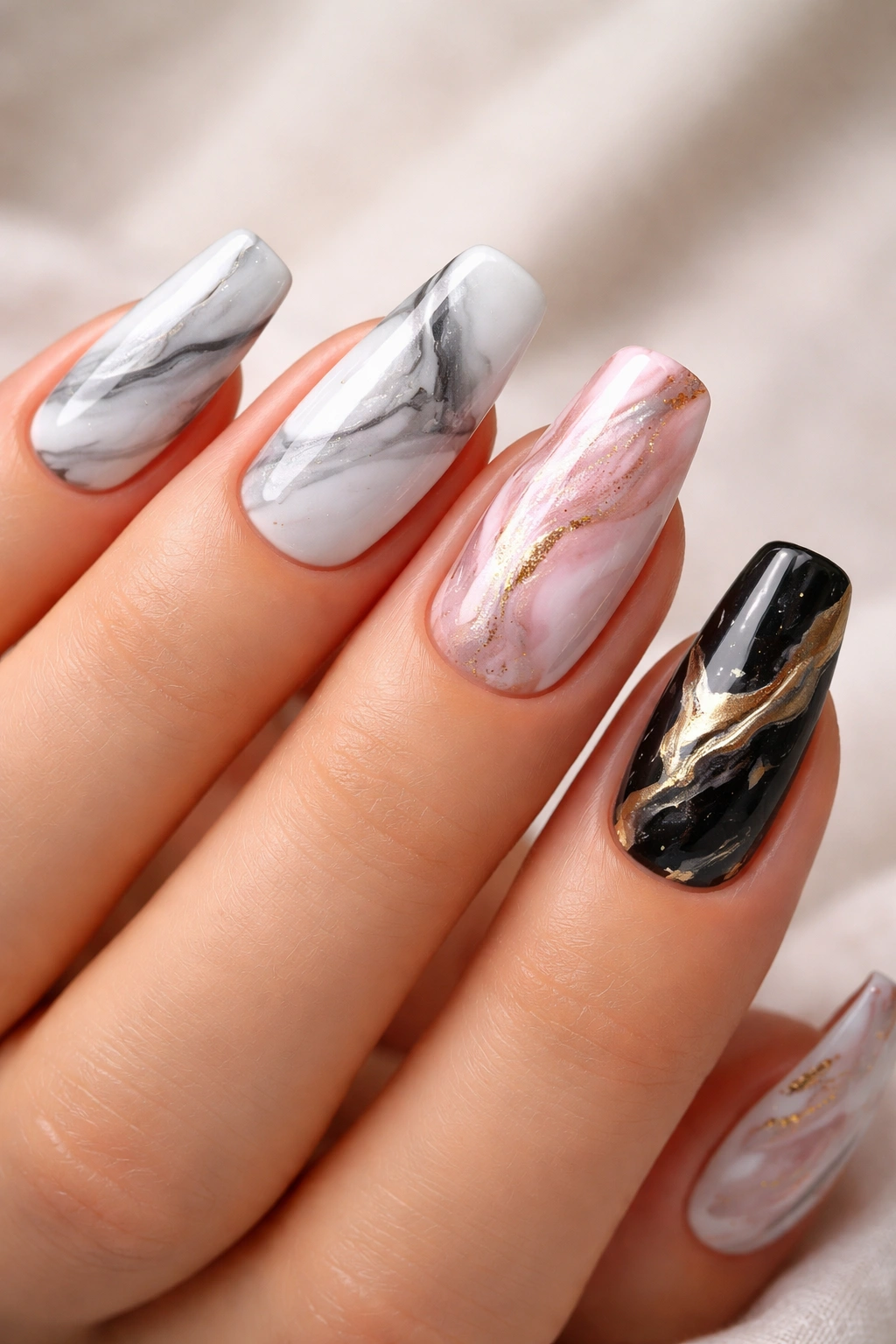 Marble pattern nails with white gray veining and glossy finish