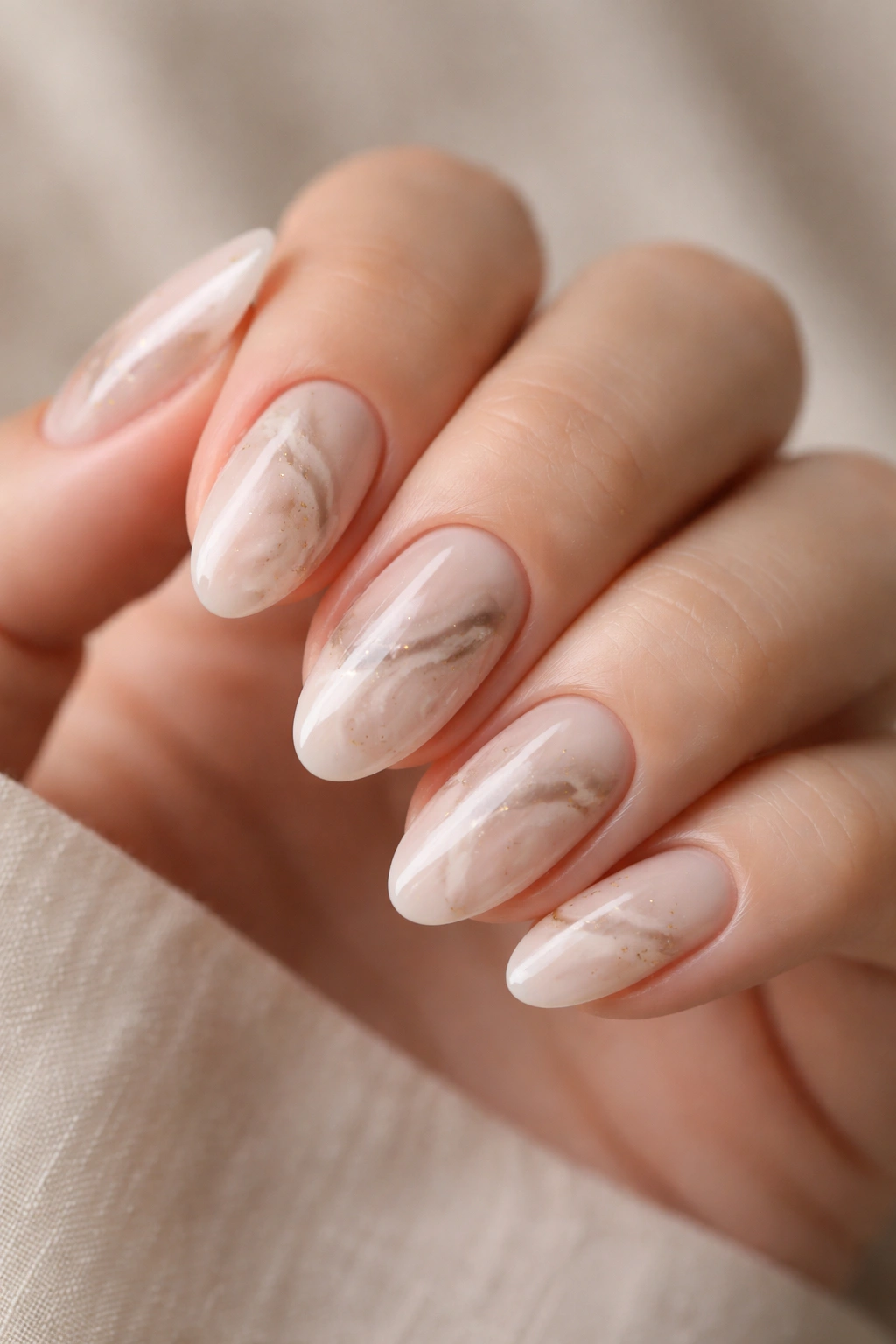 Close-up of short almond nails with subtle marble swirls on nude base
