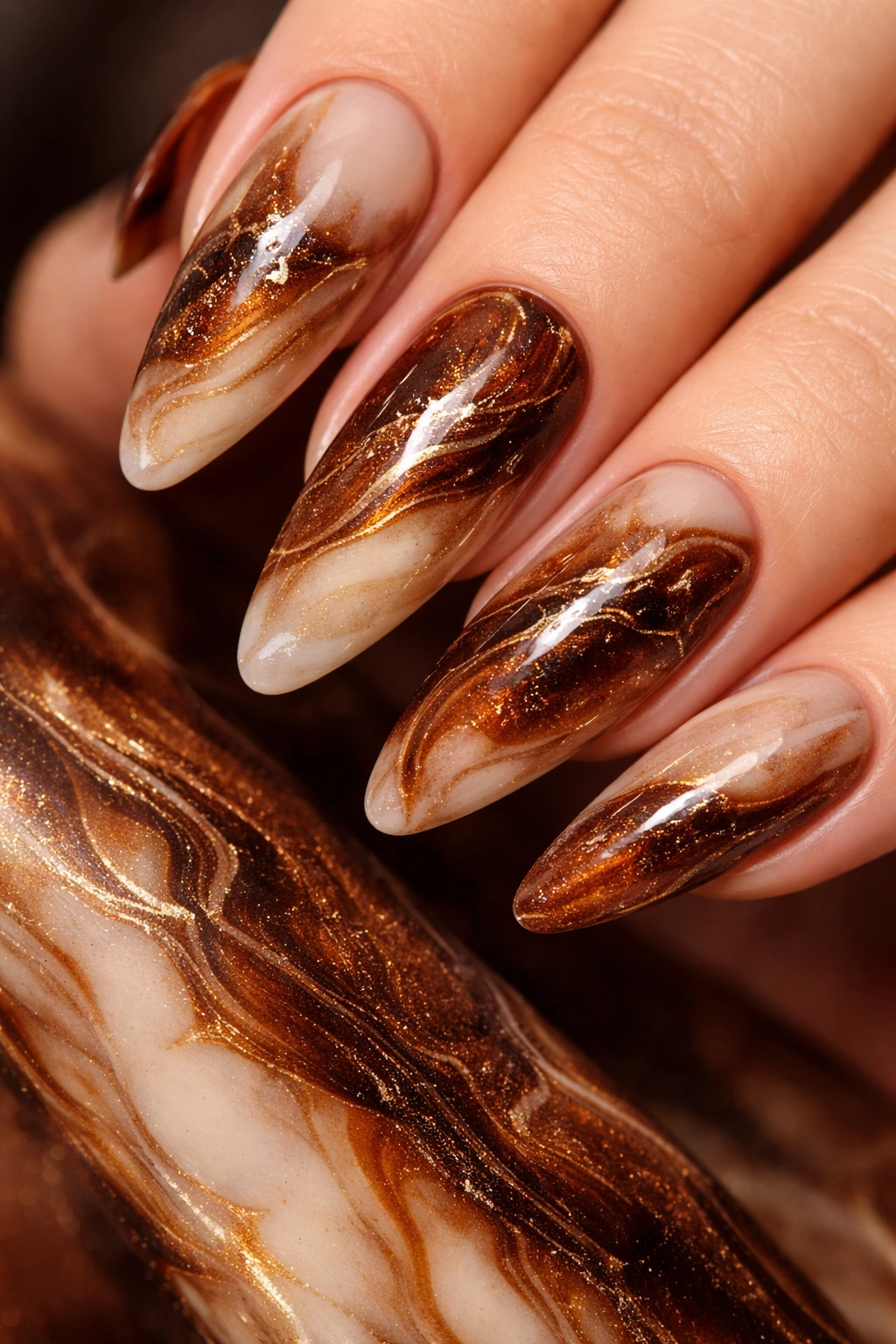 Close-up of chocolate brown marble nails with swirls of darker brown and cream