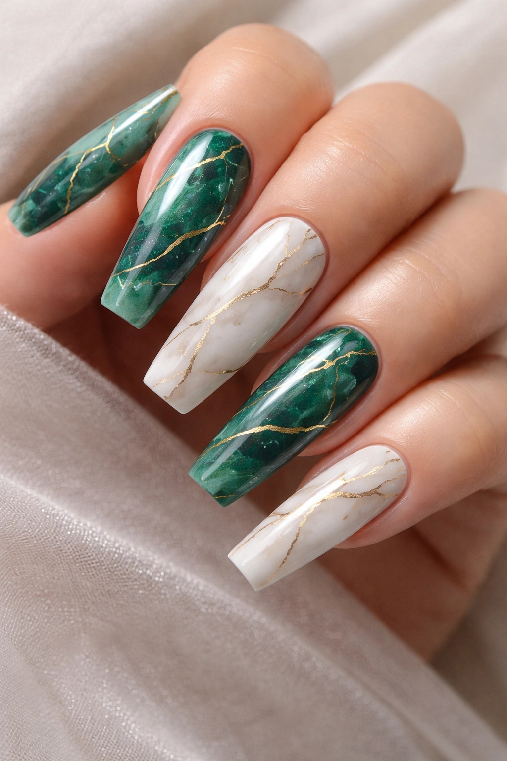 Close-up of coffin nails with green and white marble patterns and gold veining