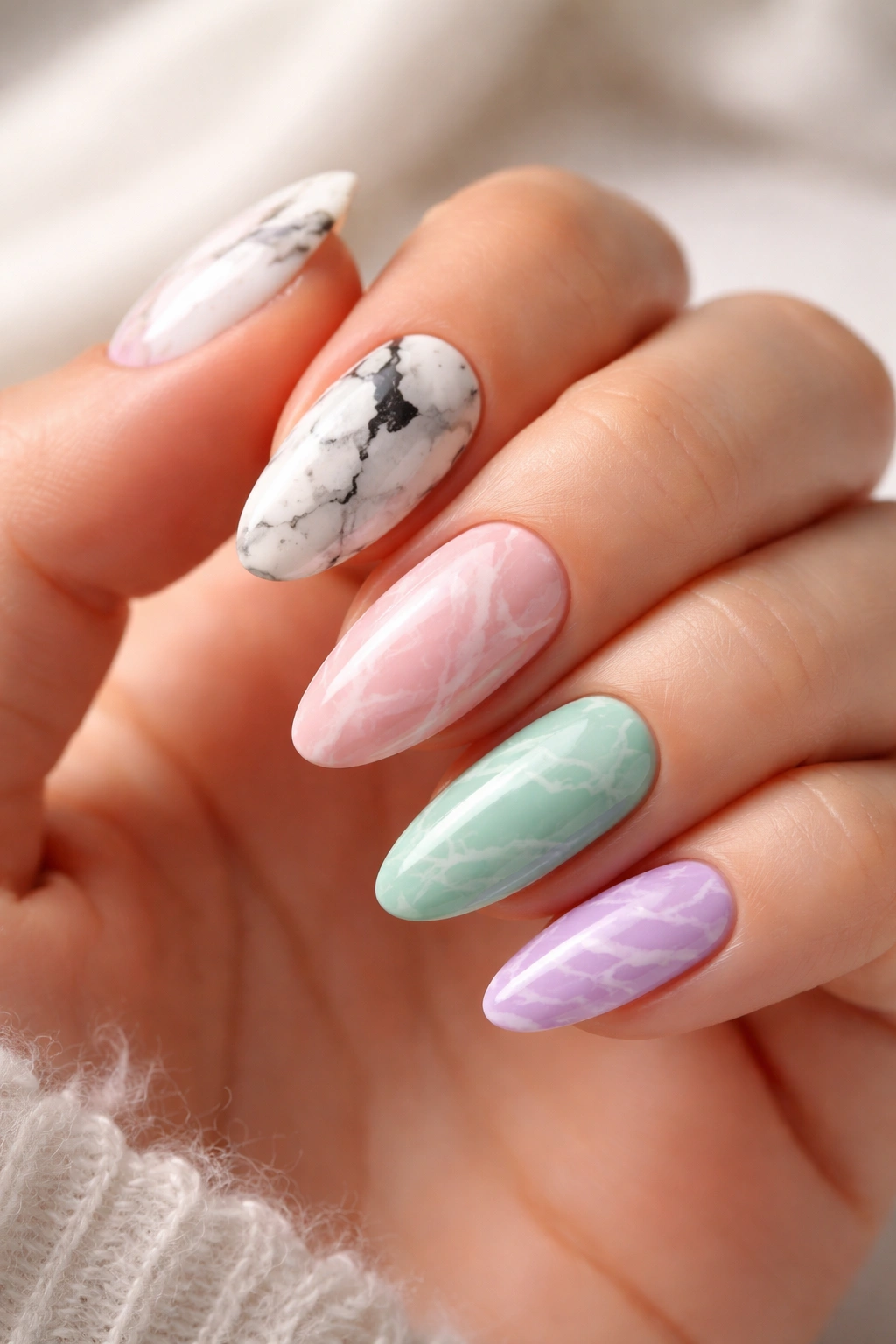 Close-up of marble nails displaying multiple color palettes on a single hand