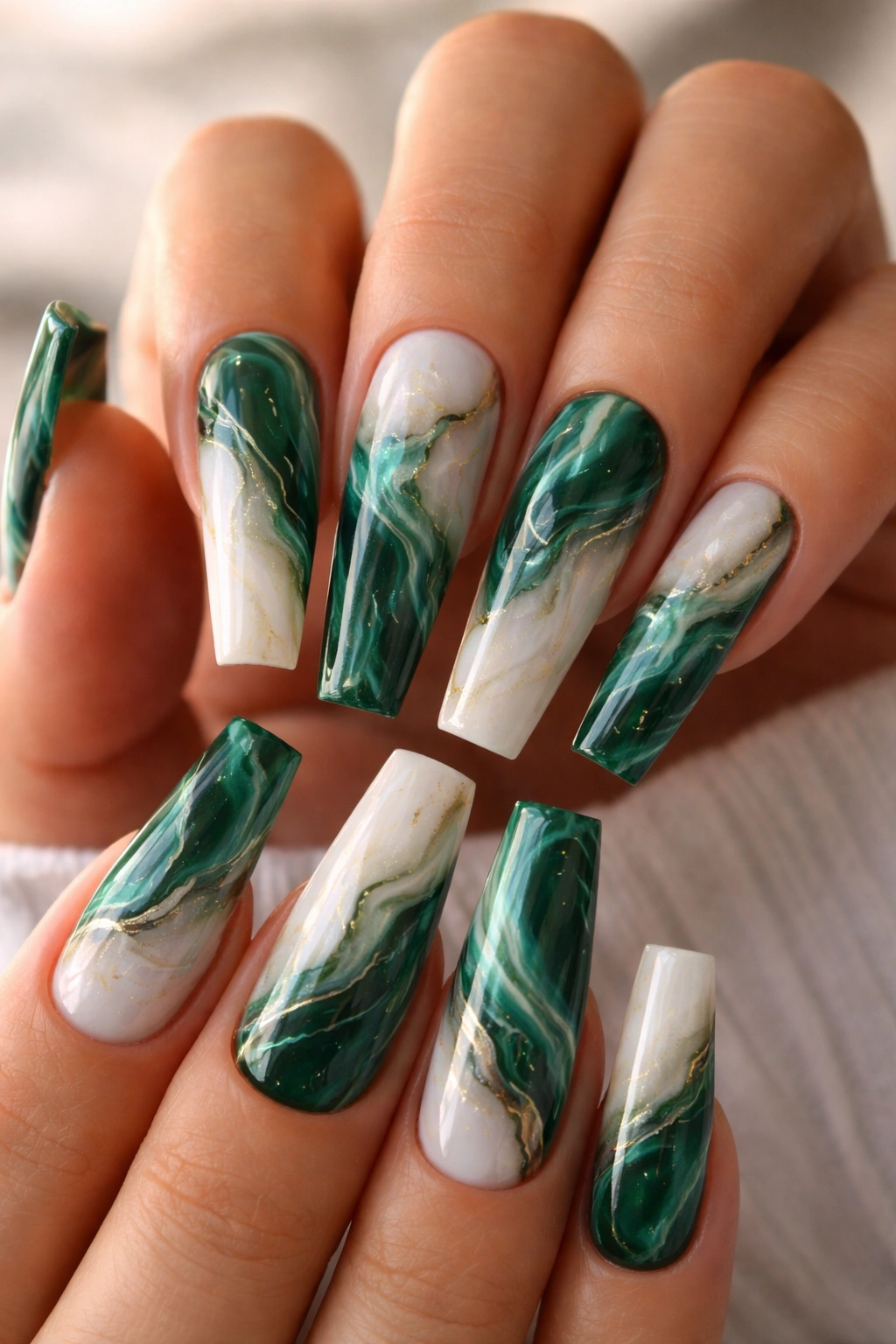 Emerald green and white marble coffin nails close-up