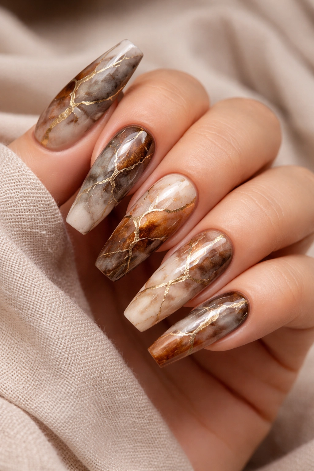 Close-up of marble nails in fall tones with veining