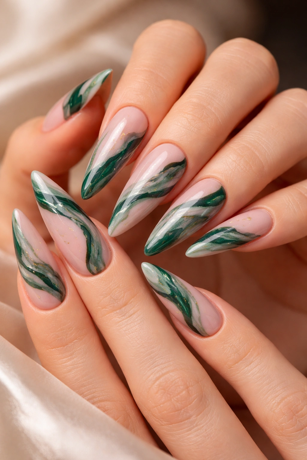 Stiletto nails with blush pink and forest green marble swirl