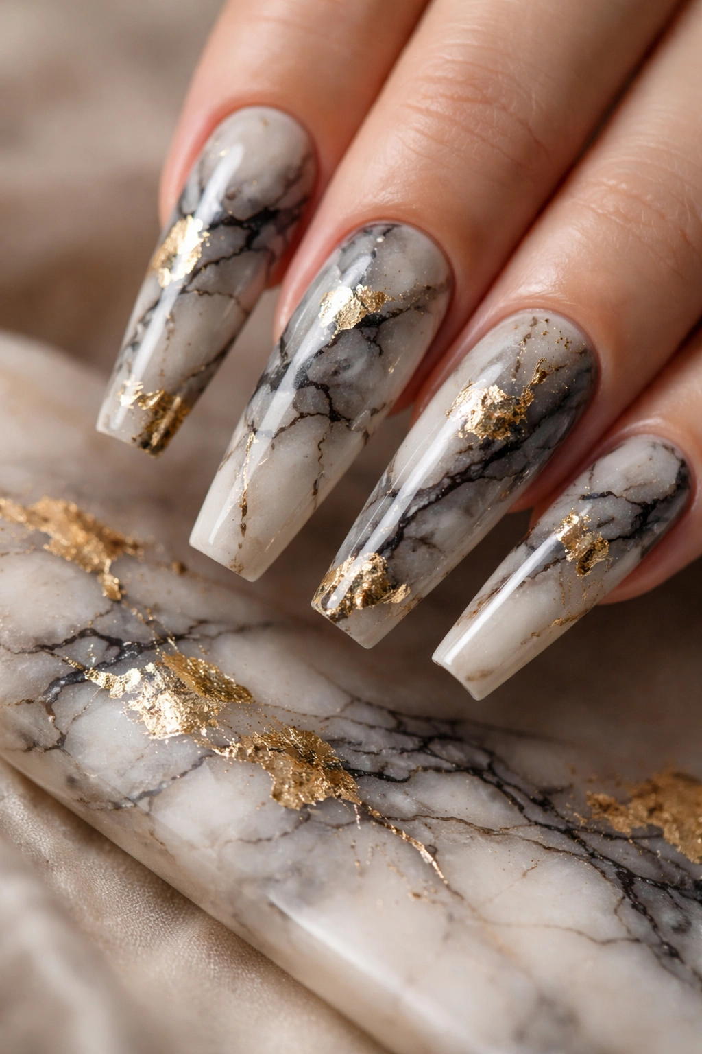 Coffin nails with black marble base and gold foil accents