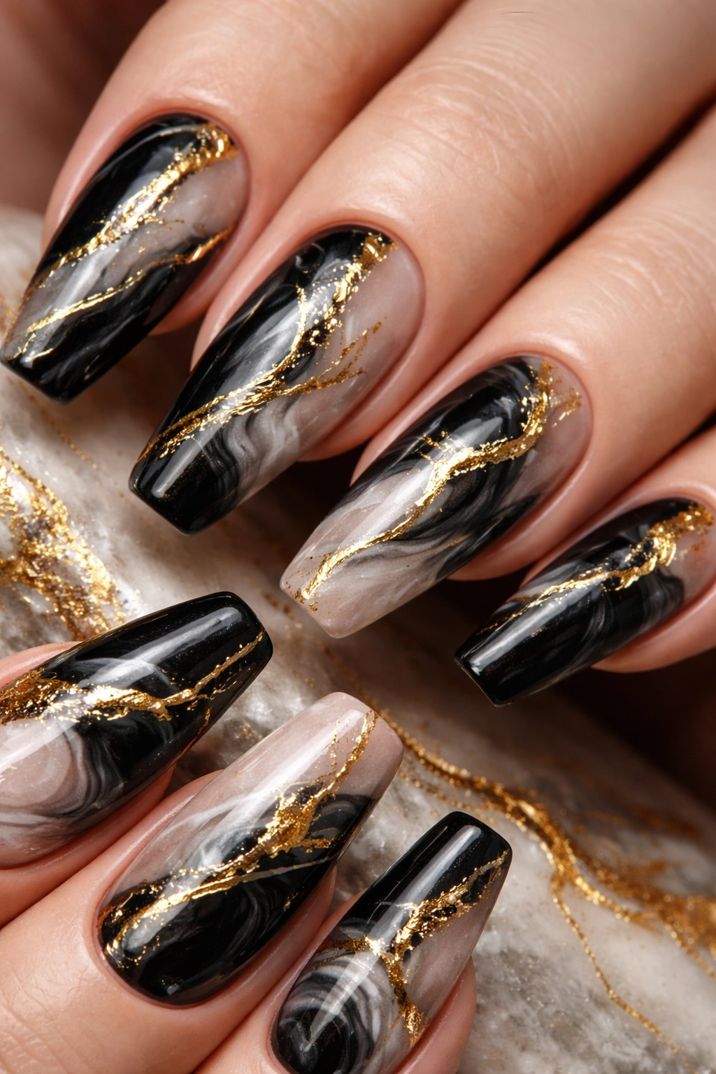 Black and neutral marble nails with gold foil veining