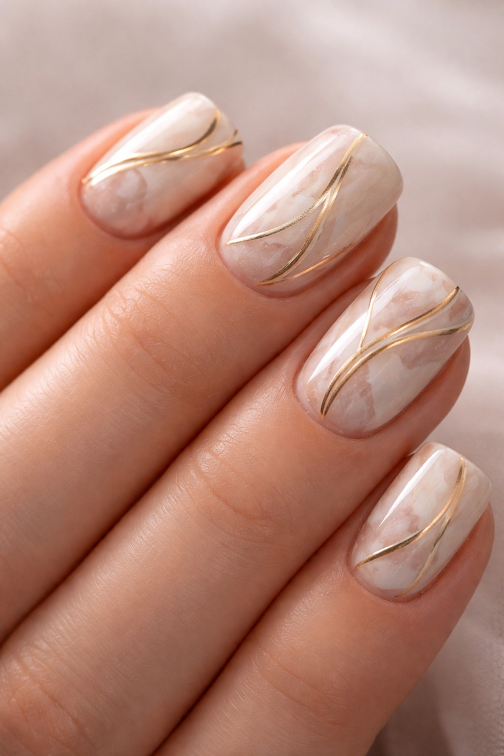 Close-up of short squoval nails with marble pattern and gold lines