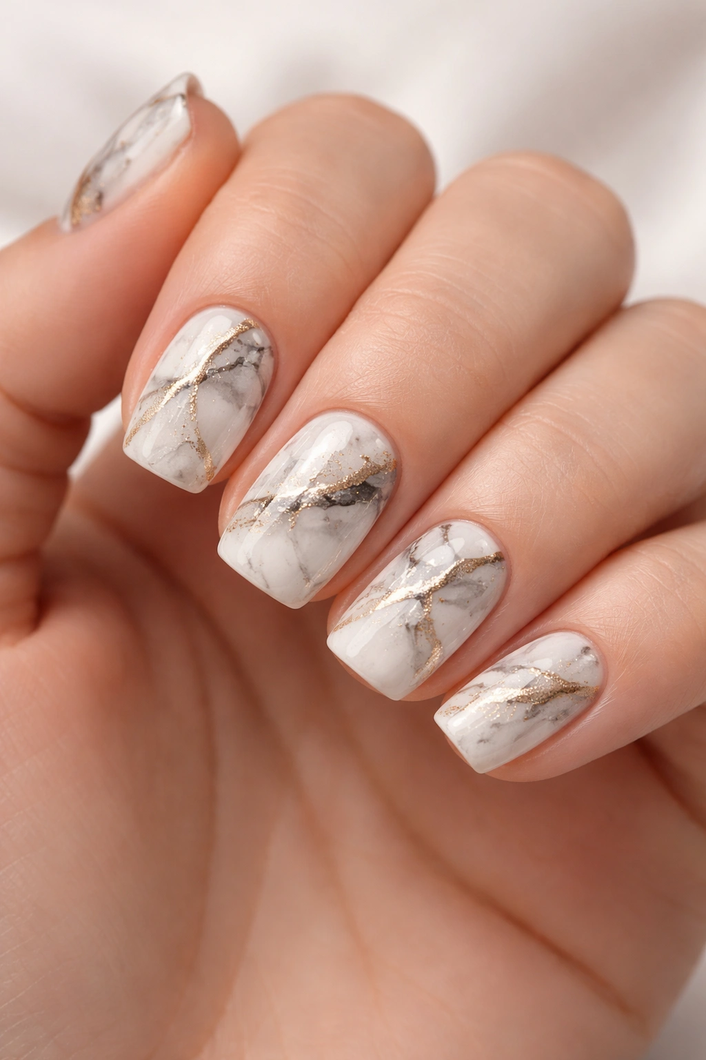 Close-up of short squoval nails with white marble base and subtle gold veining