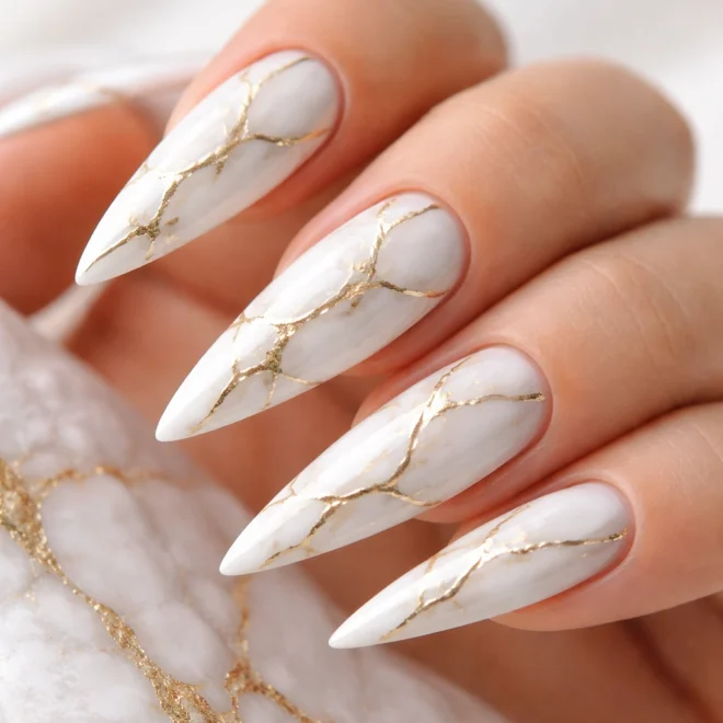 16 White and Gold Stiletto Nail Ideas