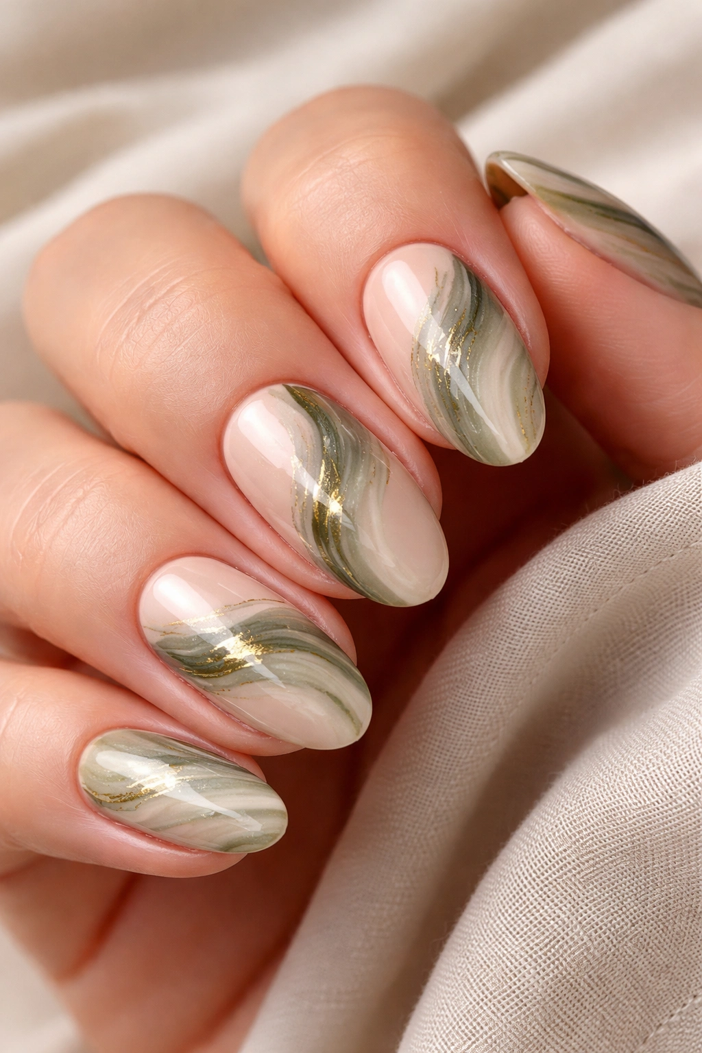 Close-up of marbled green and nude nails