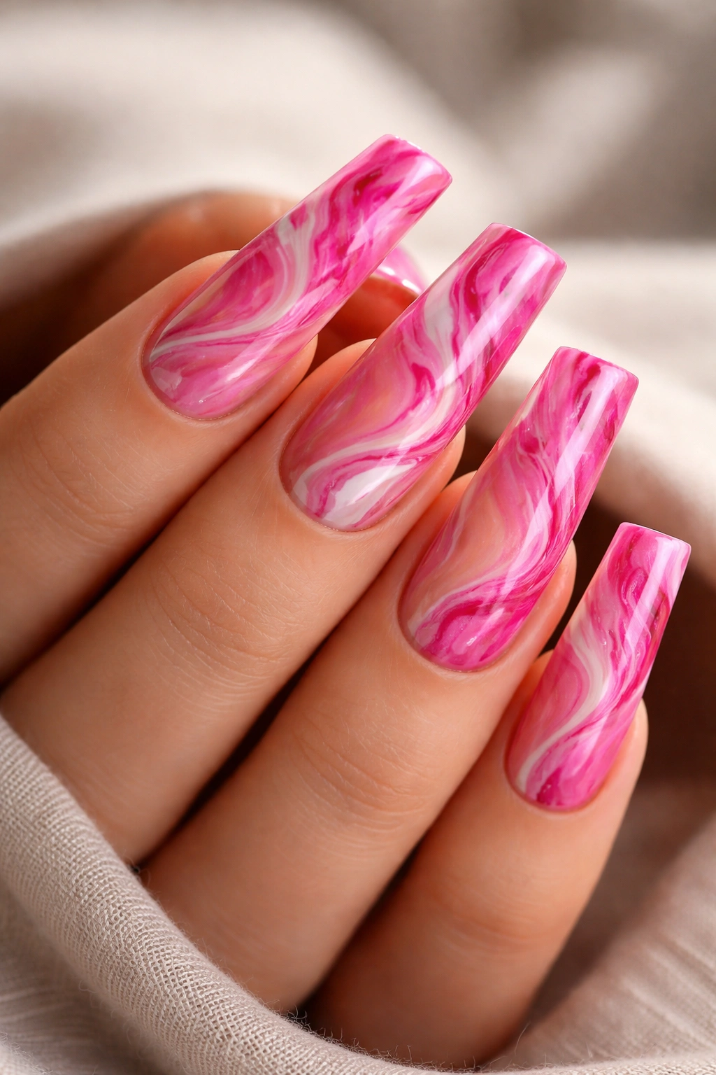 Close-up of marbled hot pink duck nails with white and nude swirls on coffin-shaped acrylics