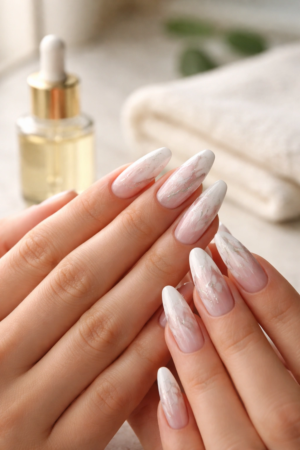 Close-up of marble nails in pristine condition with a plain cuticle oil bottle in the background