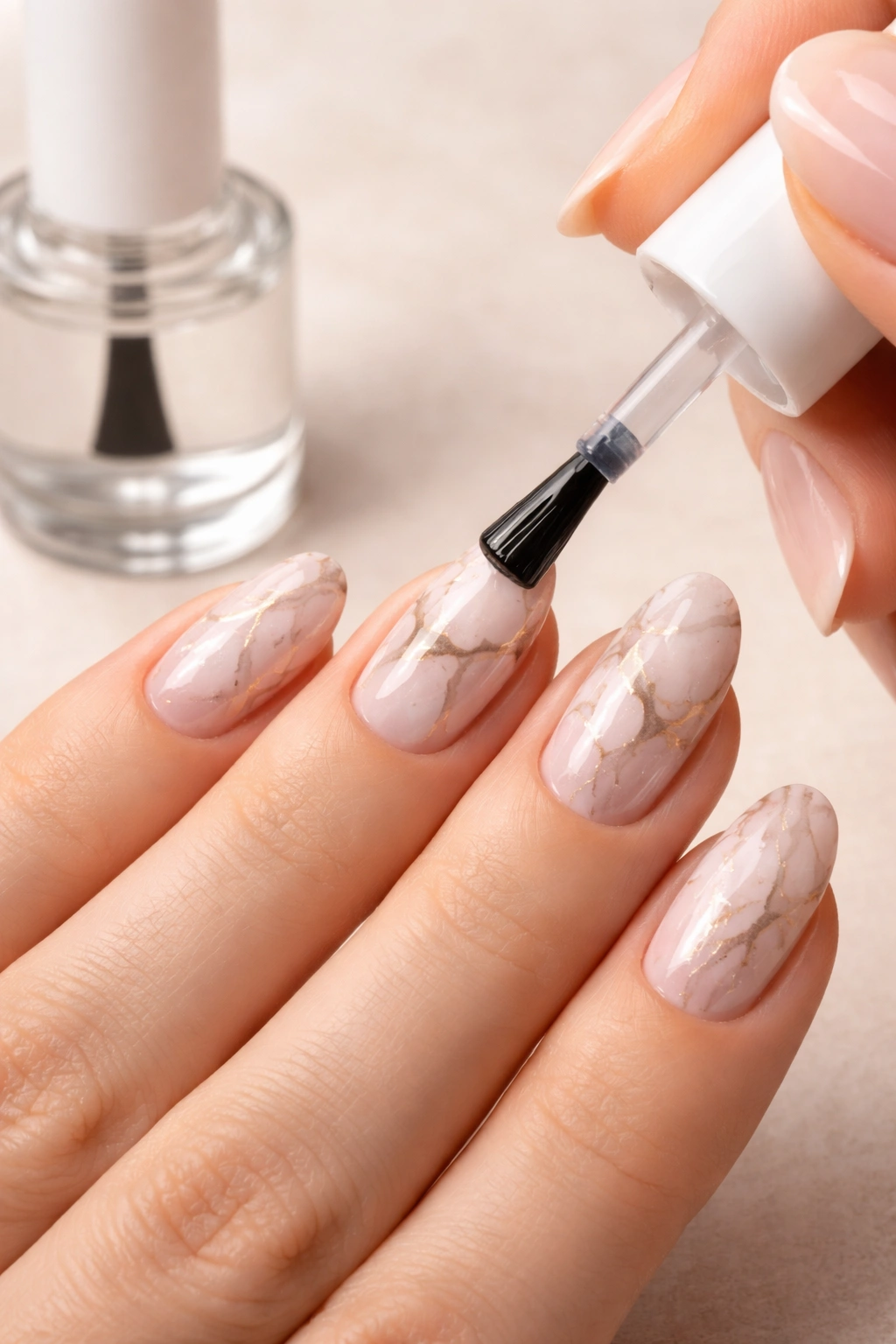 Hand applying clear top coat to marble nails to extend wear