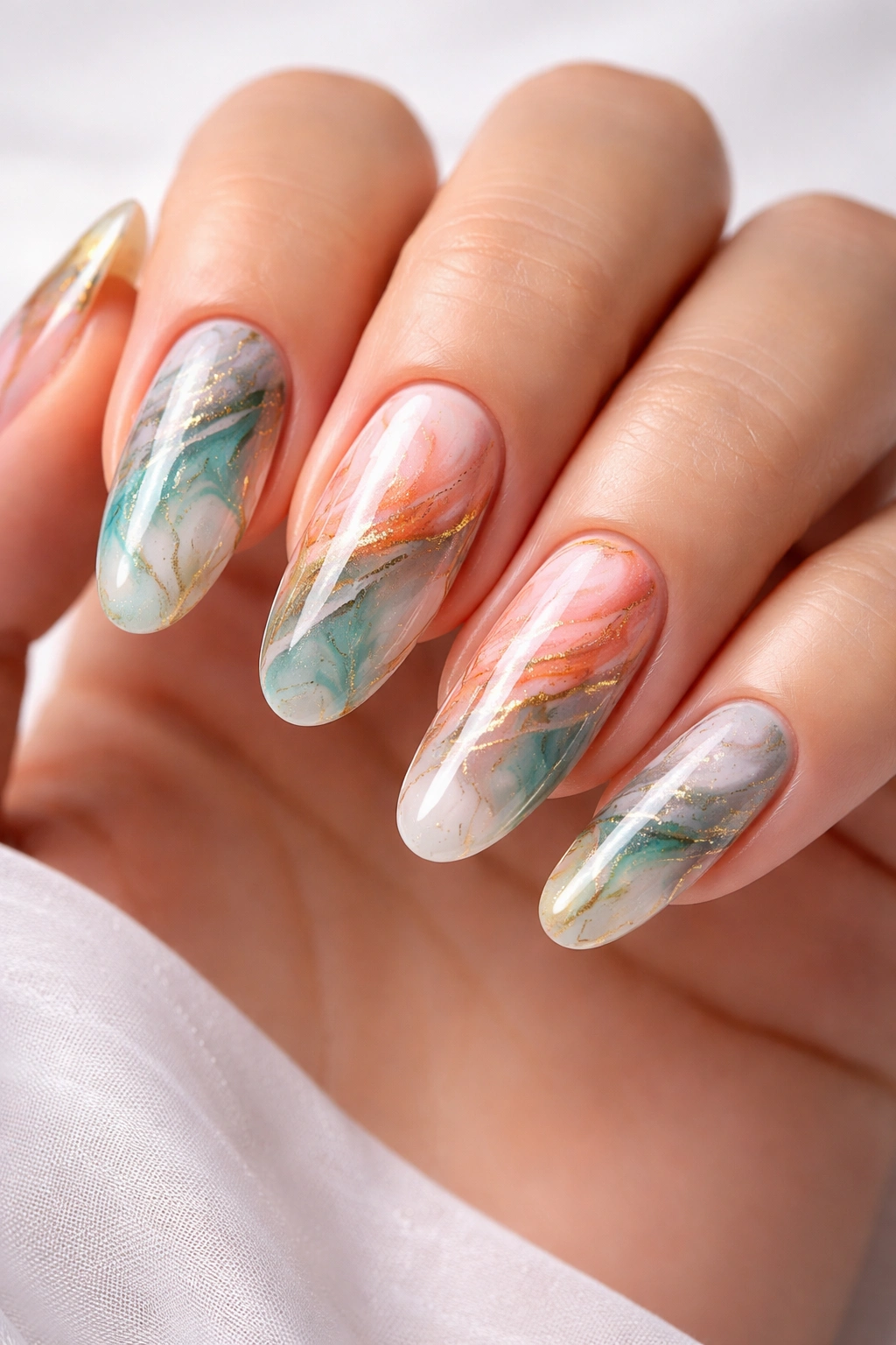 Long oval nails with multicolor marble swirls